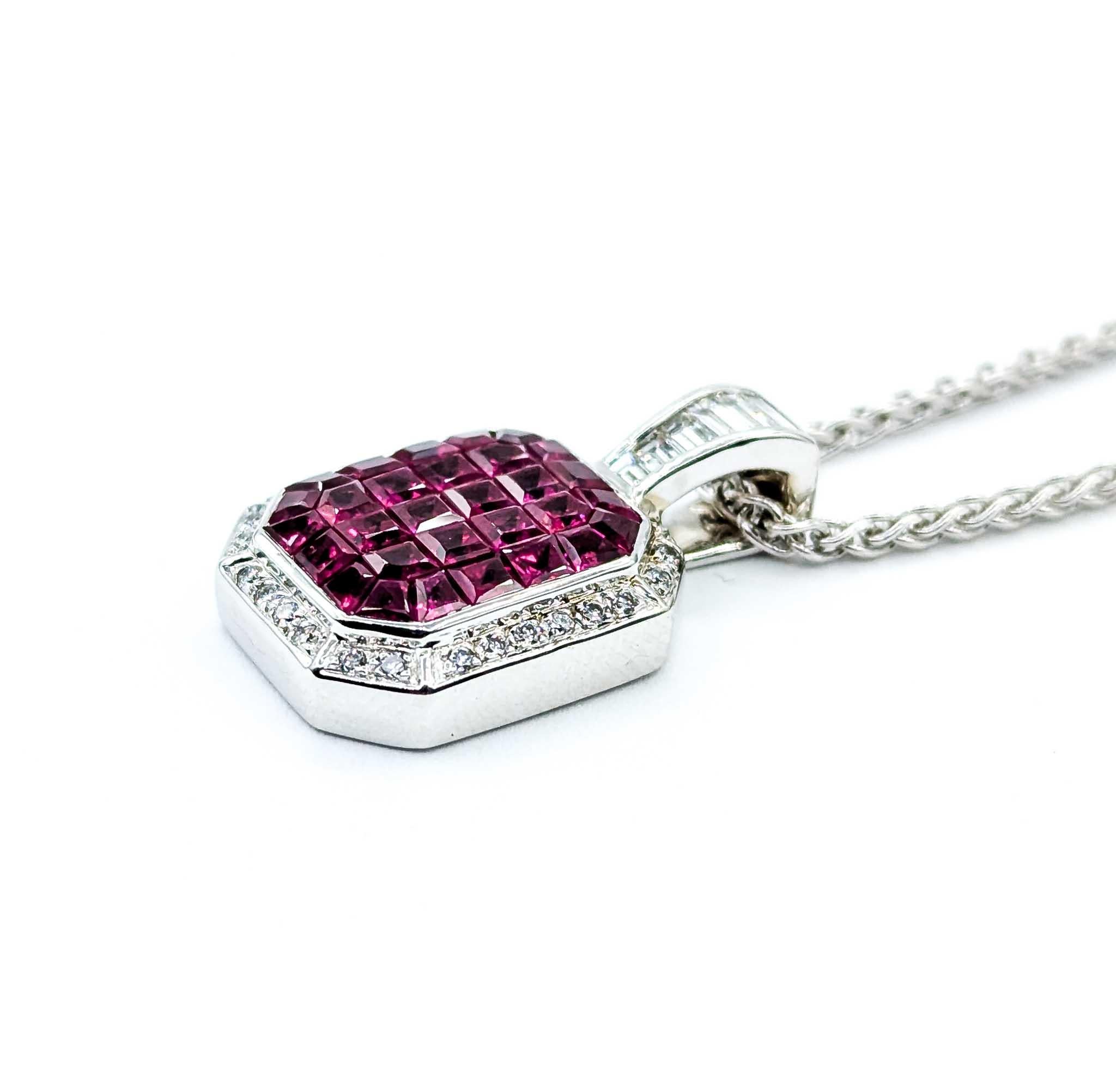 Baguette Cut Ruby and Diamond Pendant in 18k White Gold For Sale