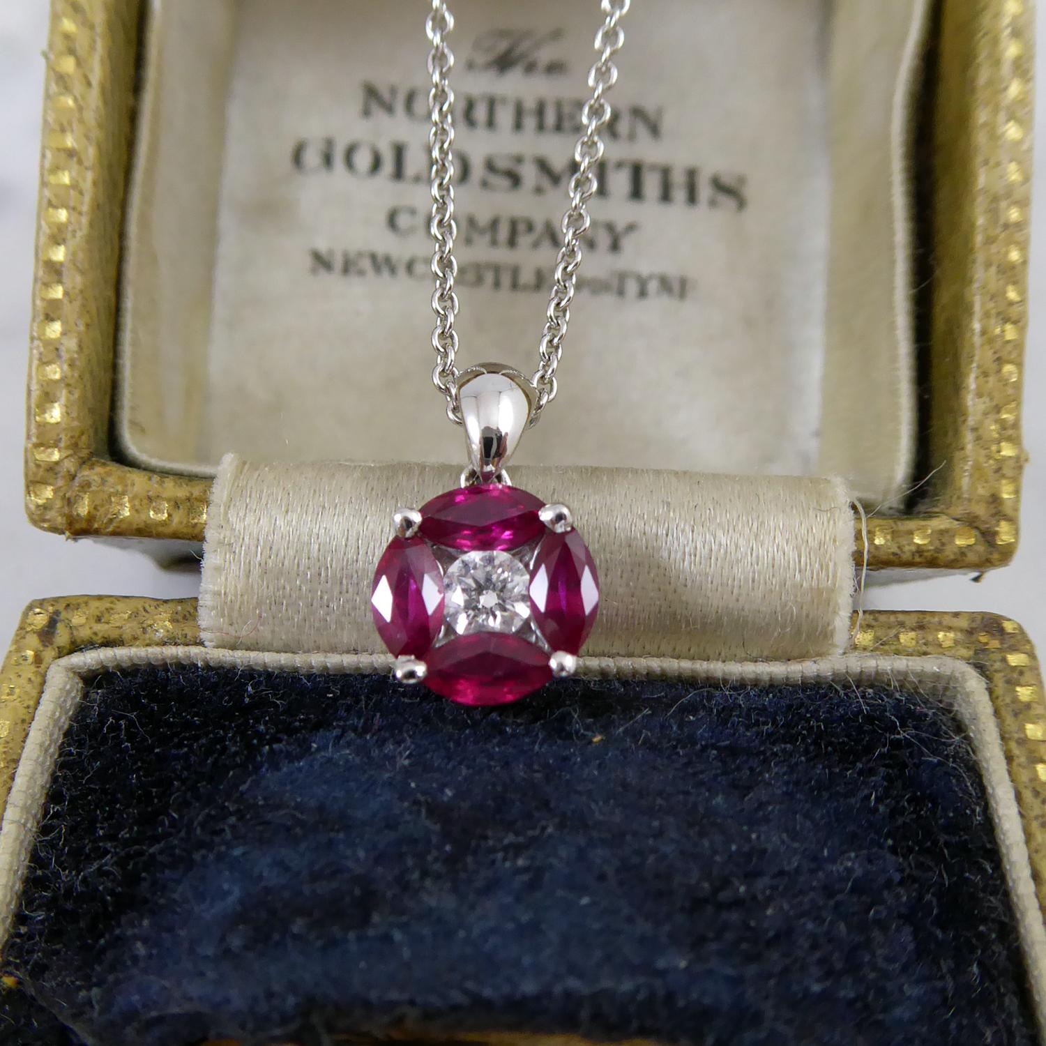Modern Ruby and Diamond Pendant in White Gold on White Gold Chain