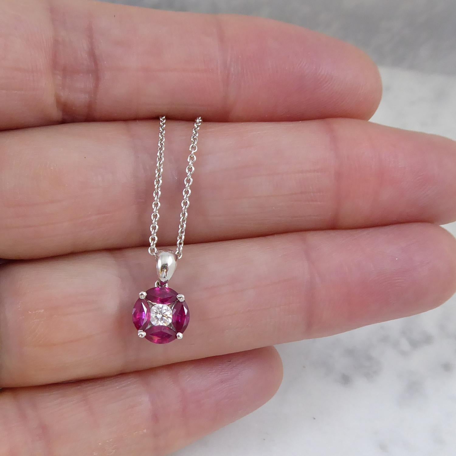 Marquise Cut Ruby and Diamond Pendant in White Gold on White Gold Chain