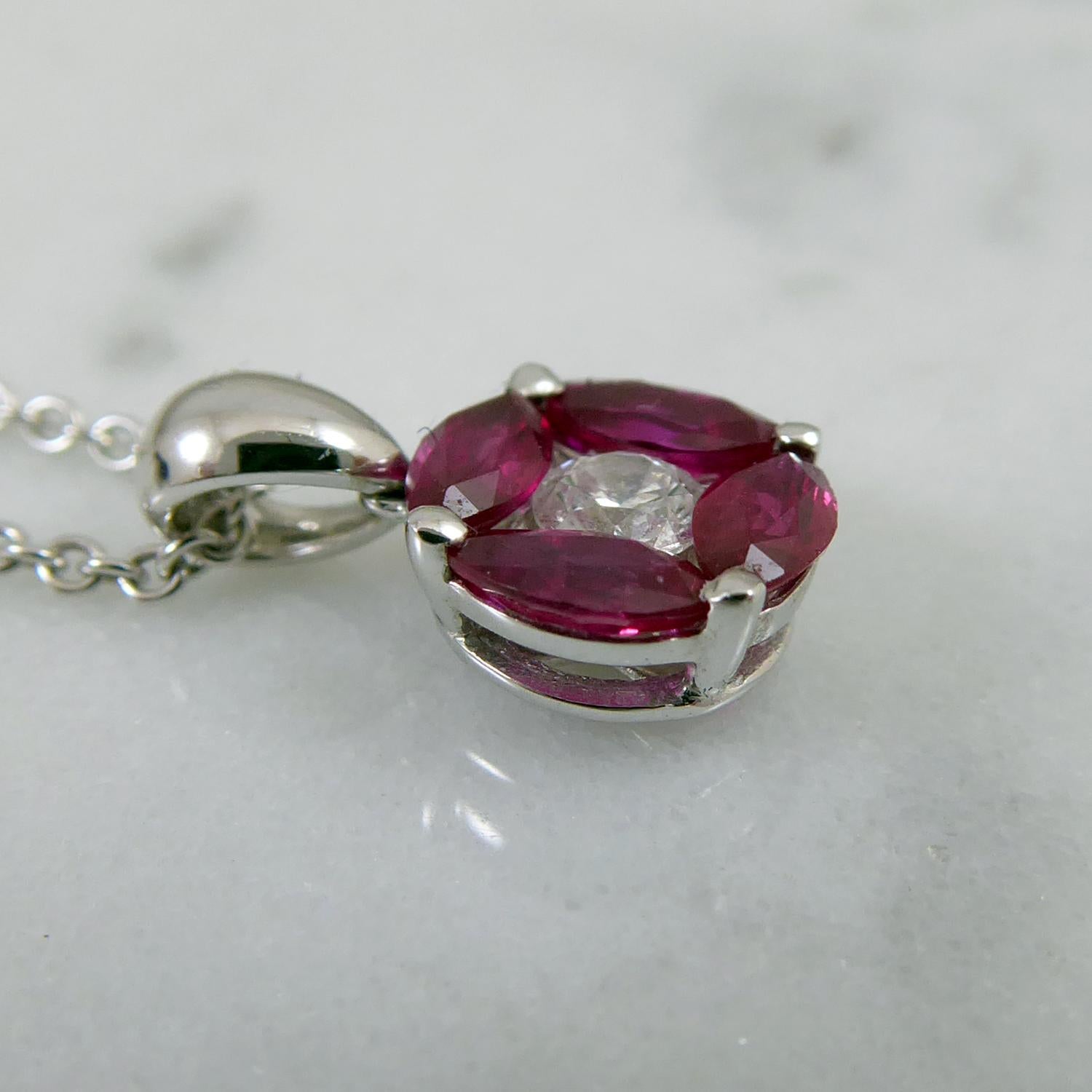 Ruby and Diamond Pendant in White Gold on White Gold Chain In Good Condition In Yorkshire, West Yorkshire