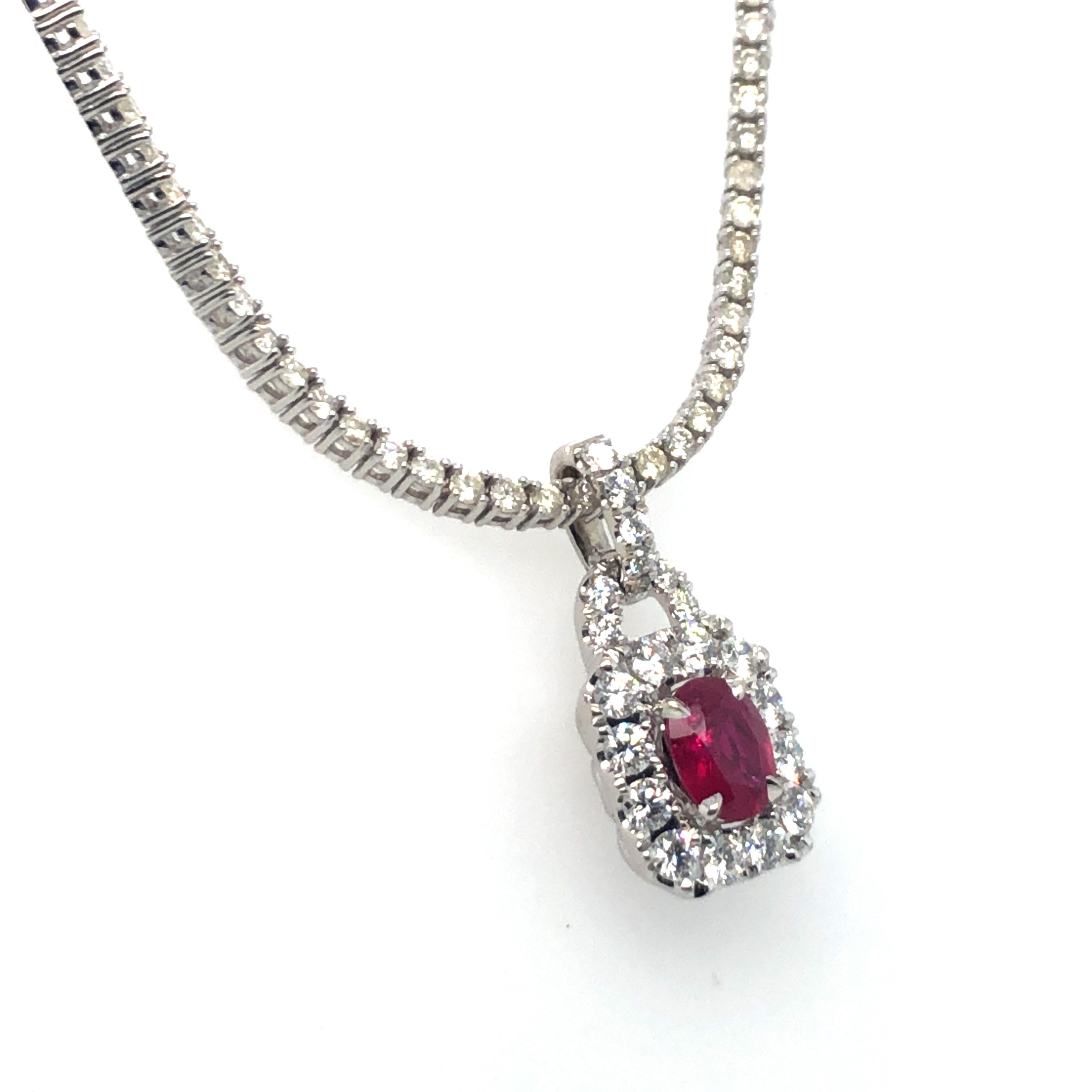 Oval Cut Ruby and Diamond Pendant Tennis Necklace 18K White Gold For Sale