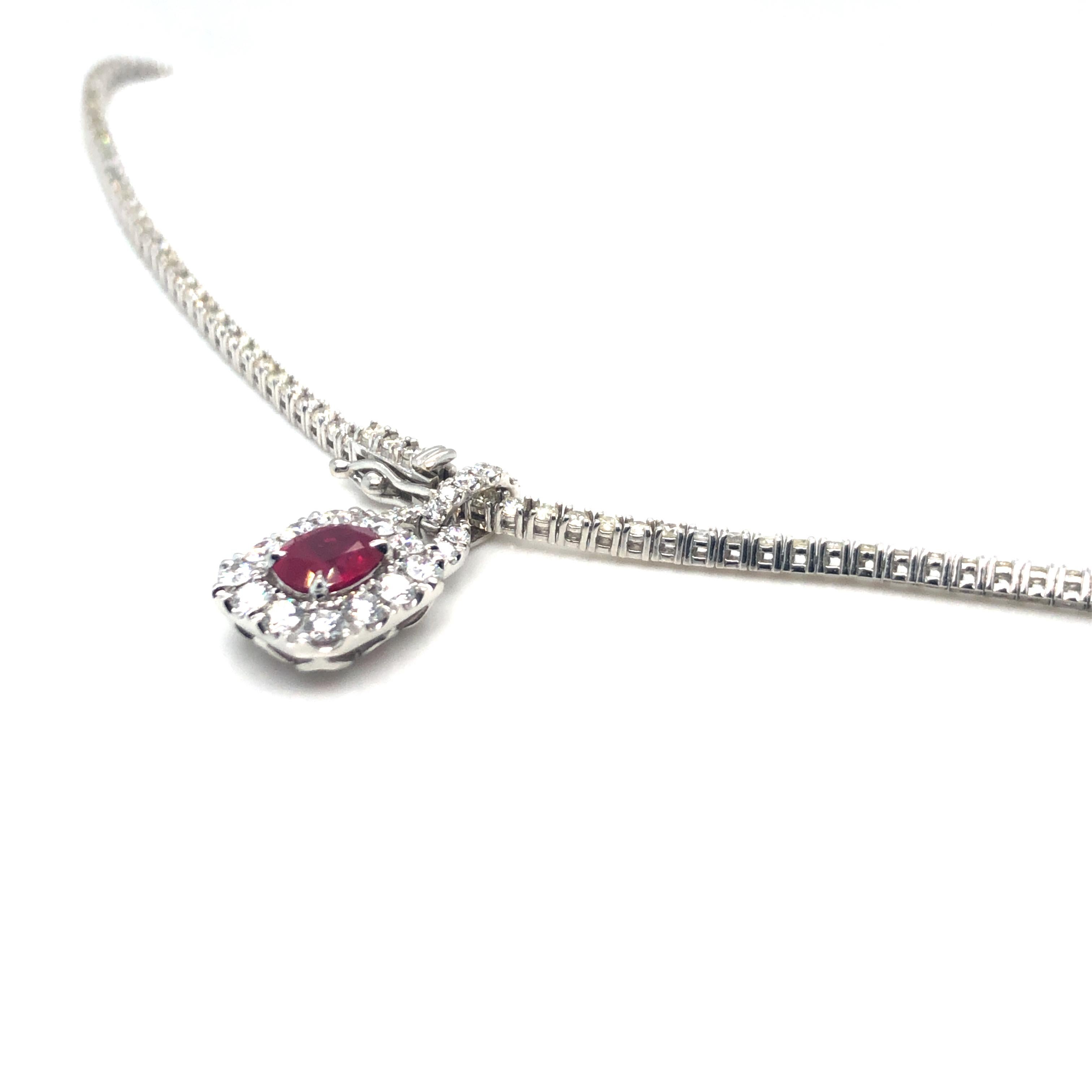 Ruby and Diamond Pendant Tennis Necklace 18K White Gold In Good Condition For Sale In Dallas, TX