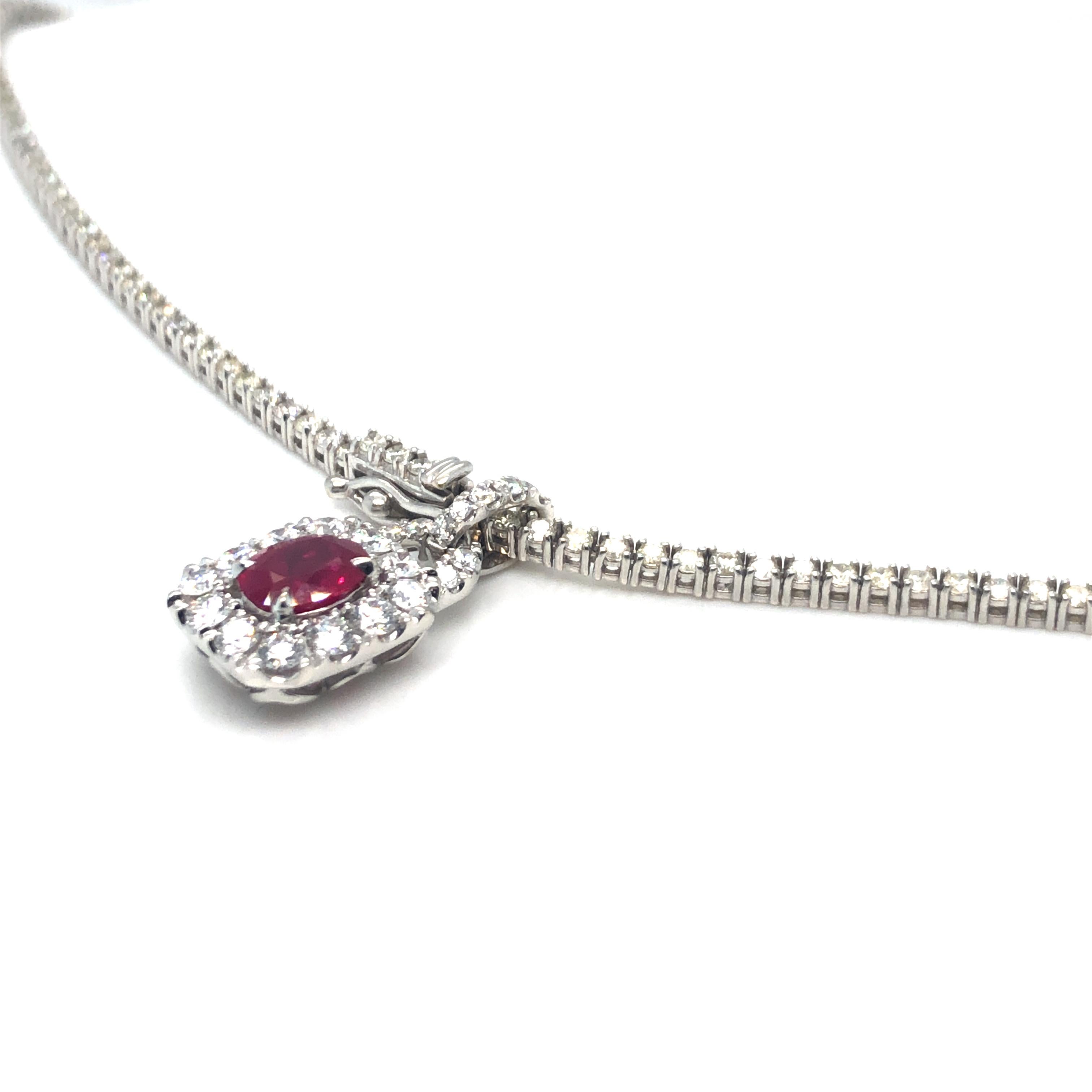 Women's or Men's Ruby and Diamond Pendant Tennis Necklace 18K White Gold For Sale
