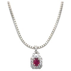 Vintage Ruby and Diamond Pendant Tennis Necklace 18K White Gold