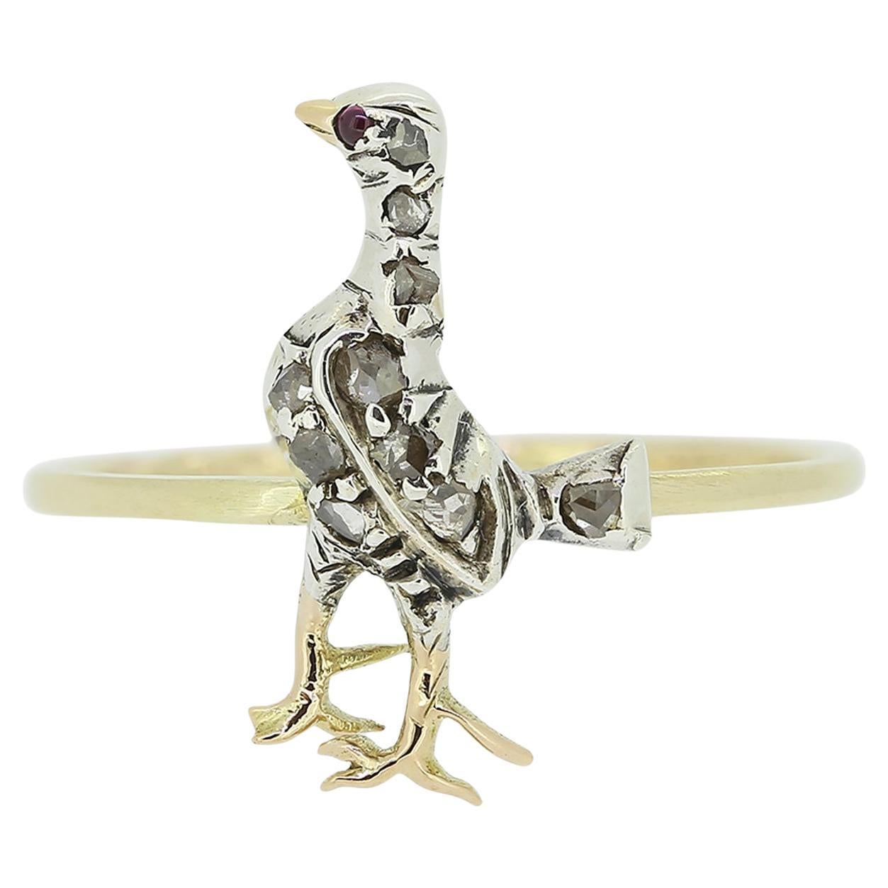 Ruby and Diamond Pheasant Bird Ring For Sale