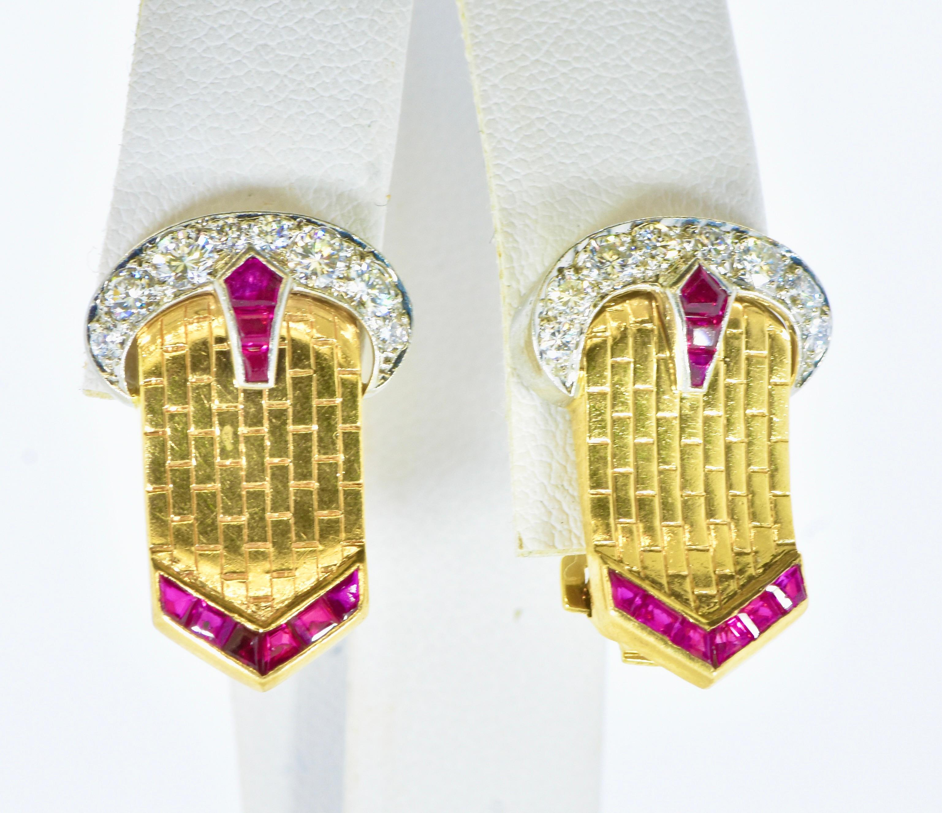 Platinum and Yellow Gold buckle motif earrings, from the late 1940's called - Retro. They possess fine white brilliant cut diamonds, and fancy cut natural vivid red rubies.  The diamonds are estimated to weigh .61 cts., near colorless and very