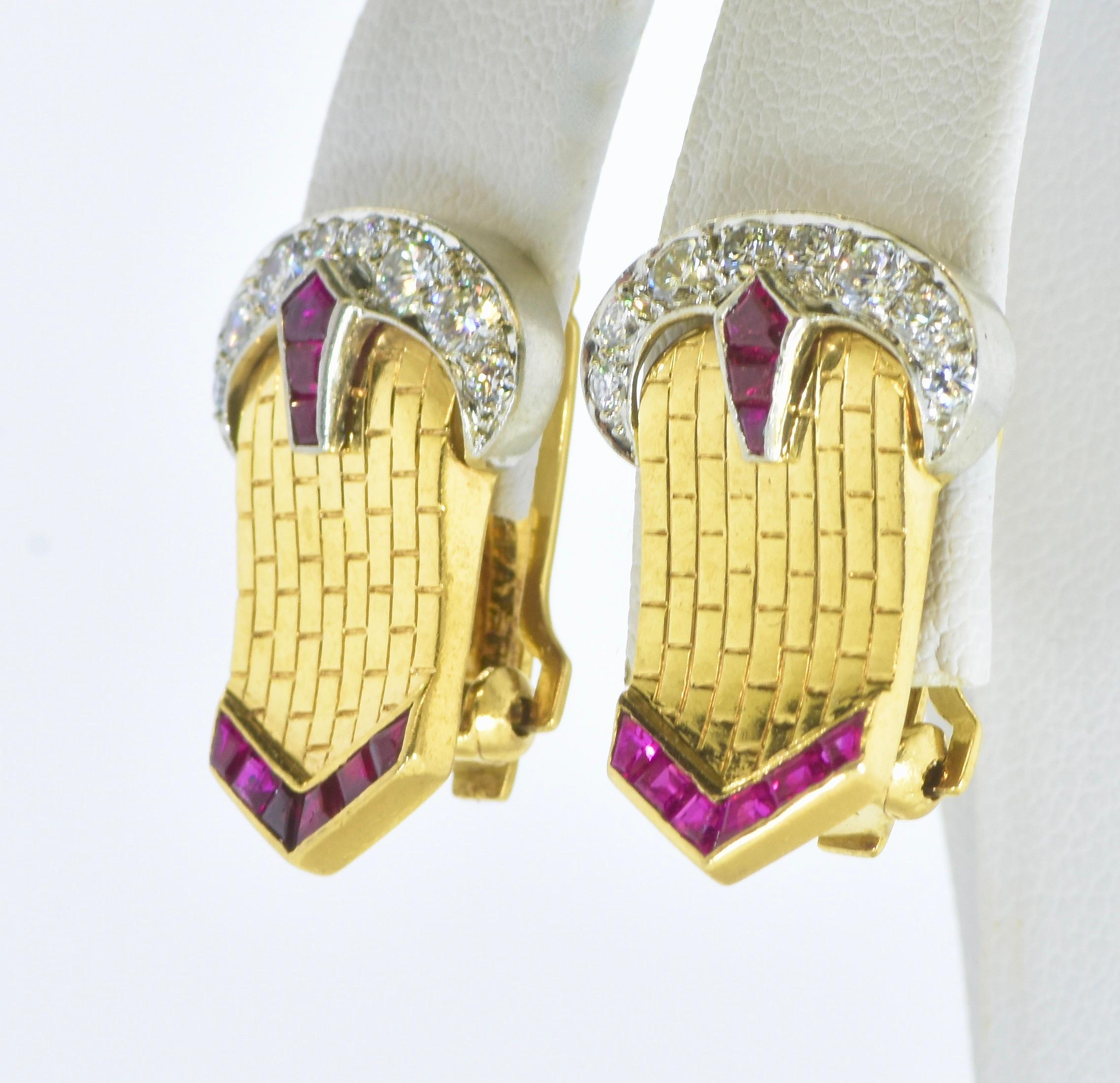 Brilliant Cut Ruby and Diamond Platinum and Gold Earrings, Vintage Retro Style, c. 1948