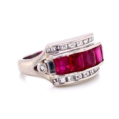 Ruby and Diamond Platinum Band Cocktail Ring Estate Fine Jewelry