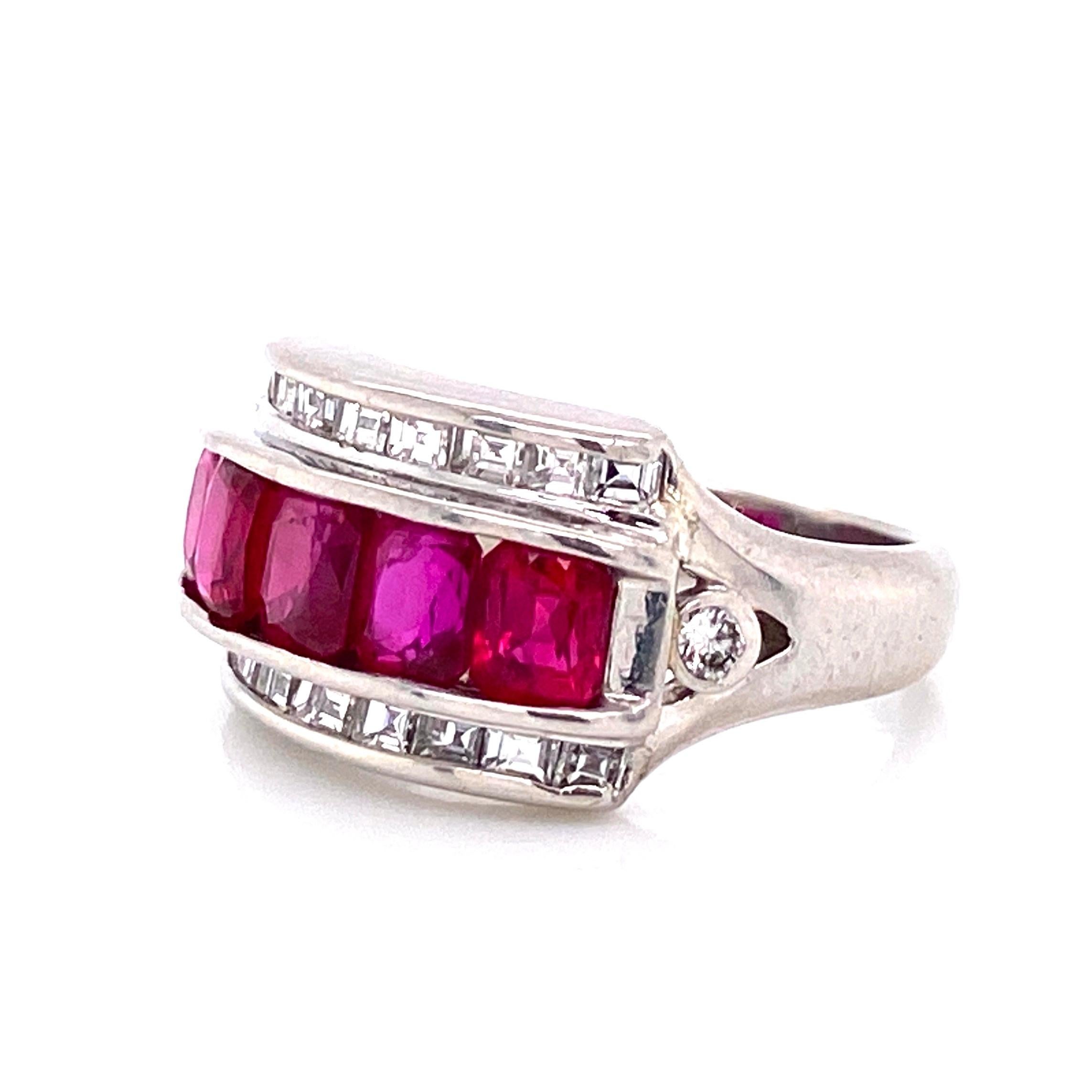 Mixed Cut Ruby and Diamond Platinum Band Cocktail Ring Estate Fine Jewelry For Sale