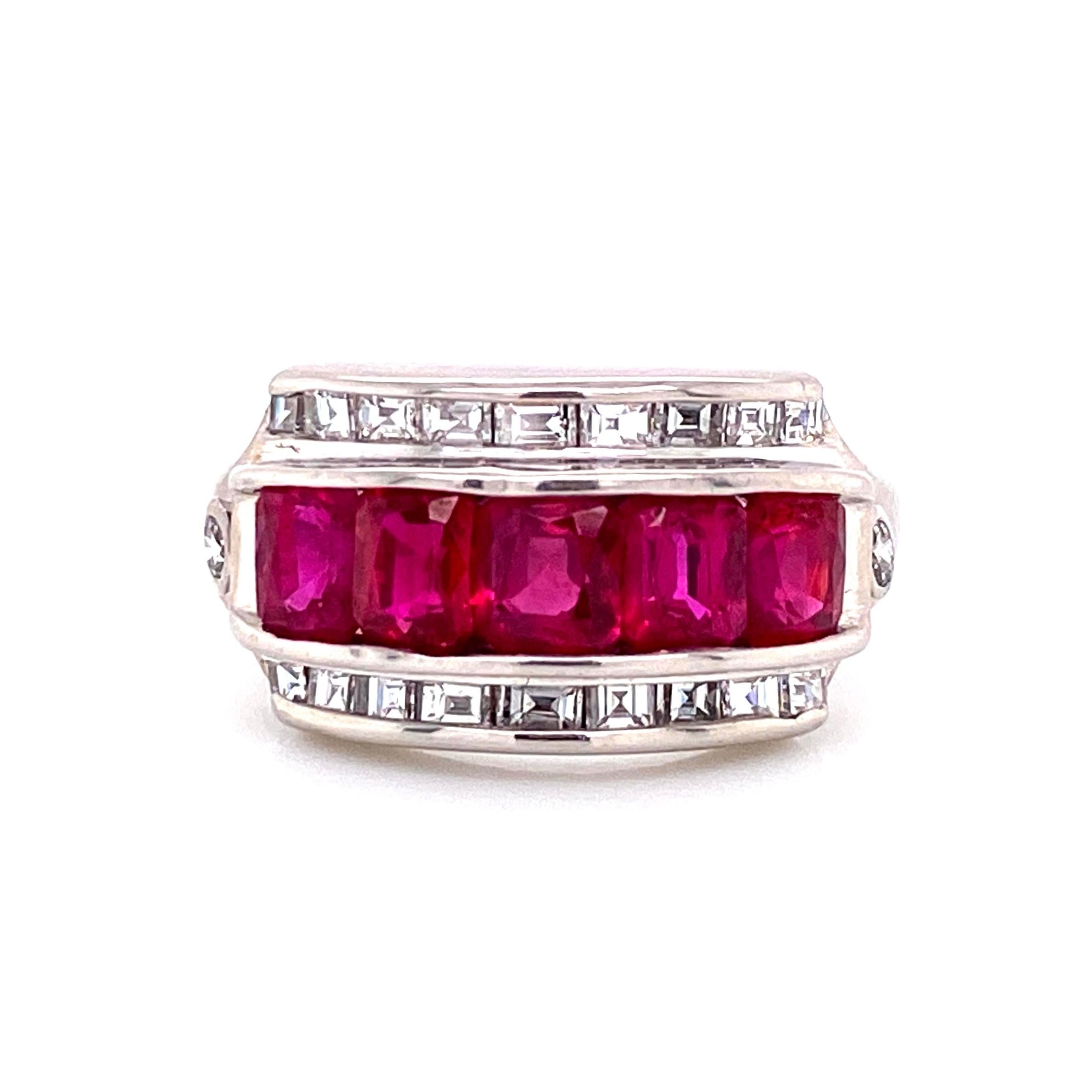 Women's Ruby and Diamond Platinum Band Cocktail Ring Estate Fine Jewelry