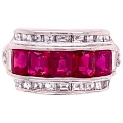 Ruby and Diamond Platinum Band Cocktail Ring Estate Fine Jewelry