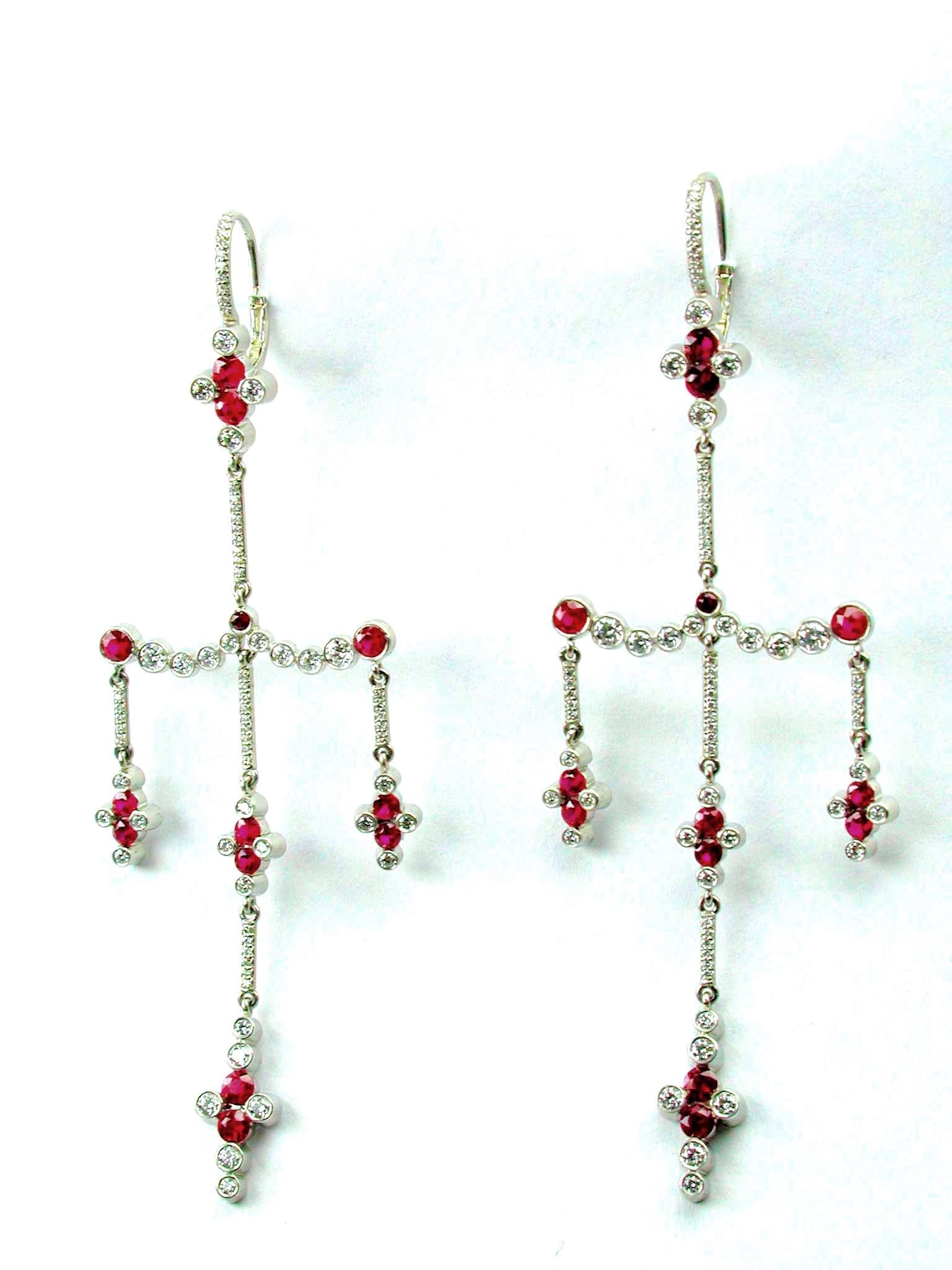 Round Cut Ruby and Diamond Platinum Chandelier Earrings