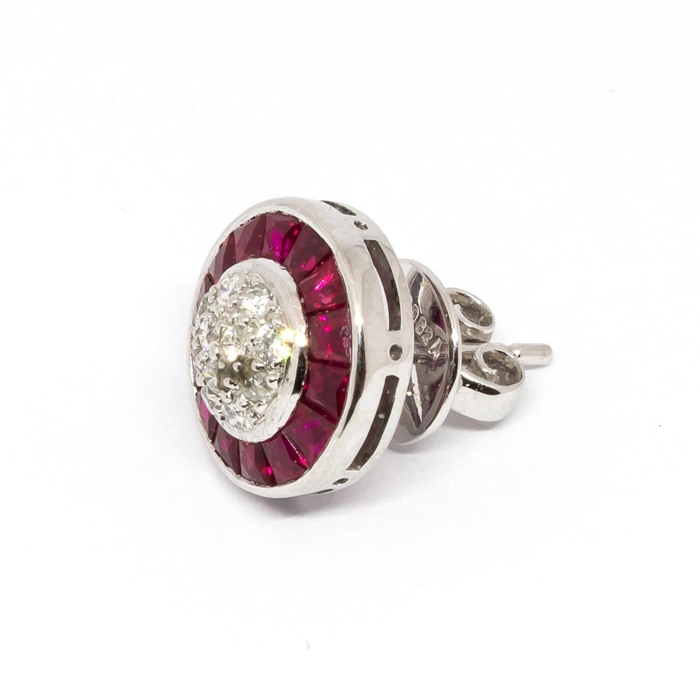 Round Cut Ruby and Diamond Platinum Cluster Earrings For Sale