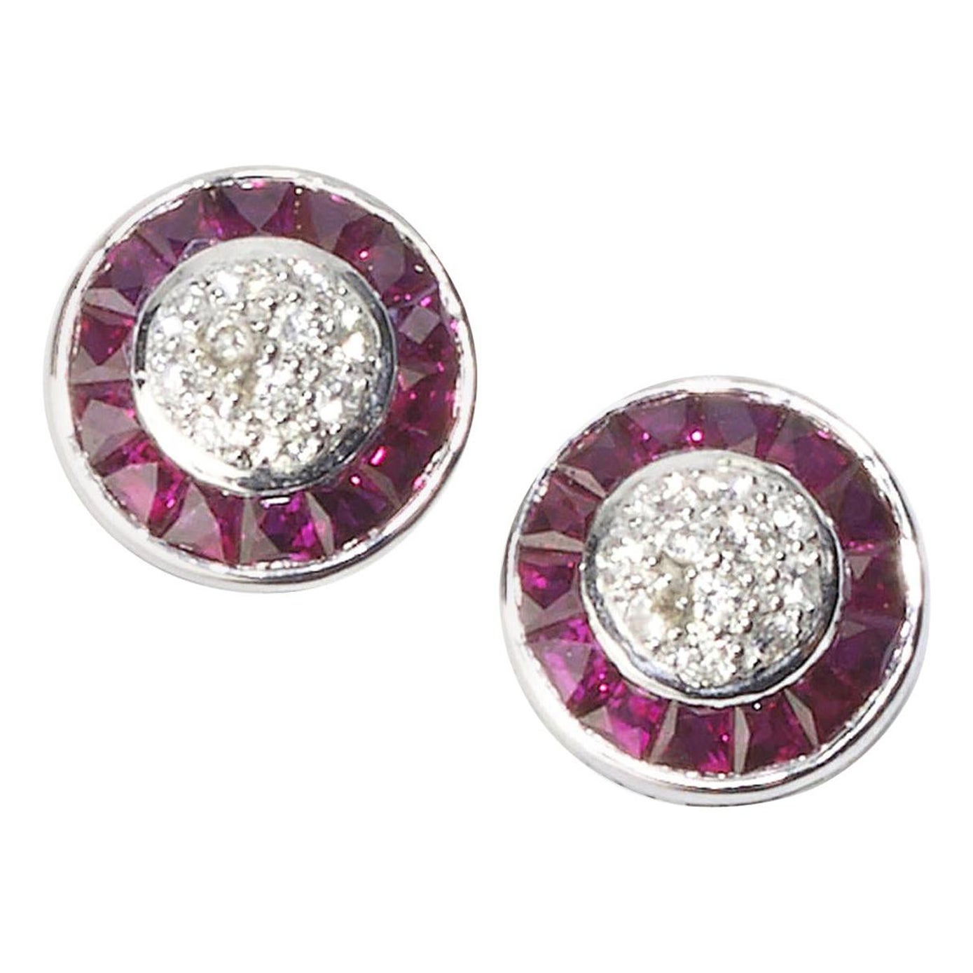 Ruby and Diamond Platinum Cluster Earrings For Sale