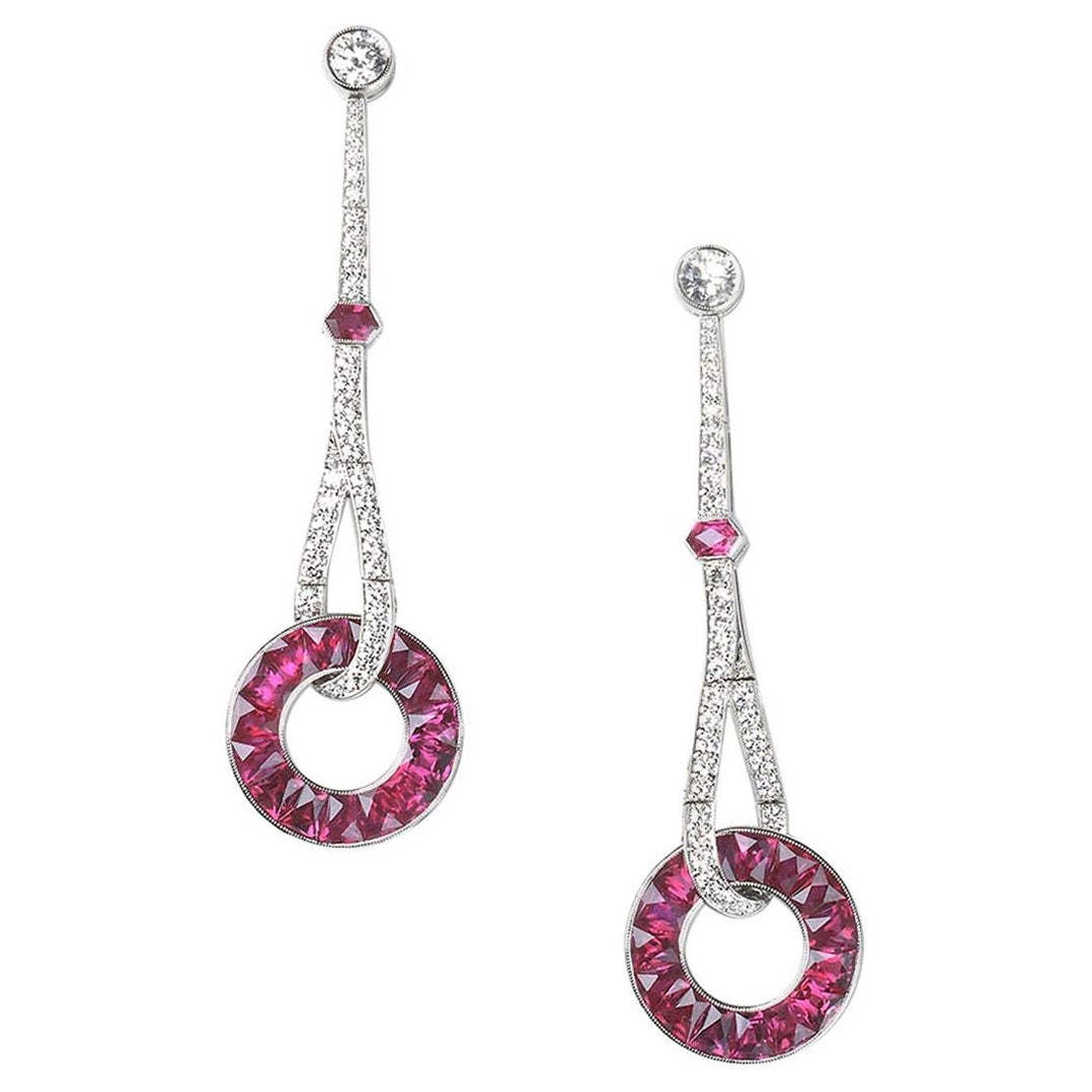 Ruby and Diamond Platinum Drop Earrings, 7.65 Carats