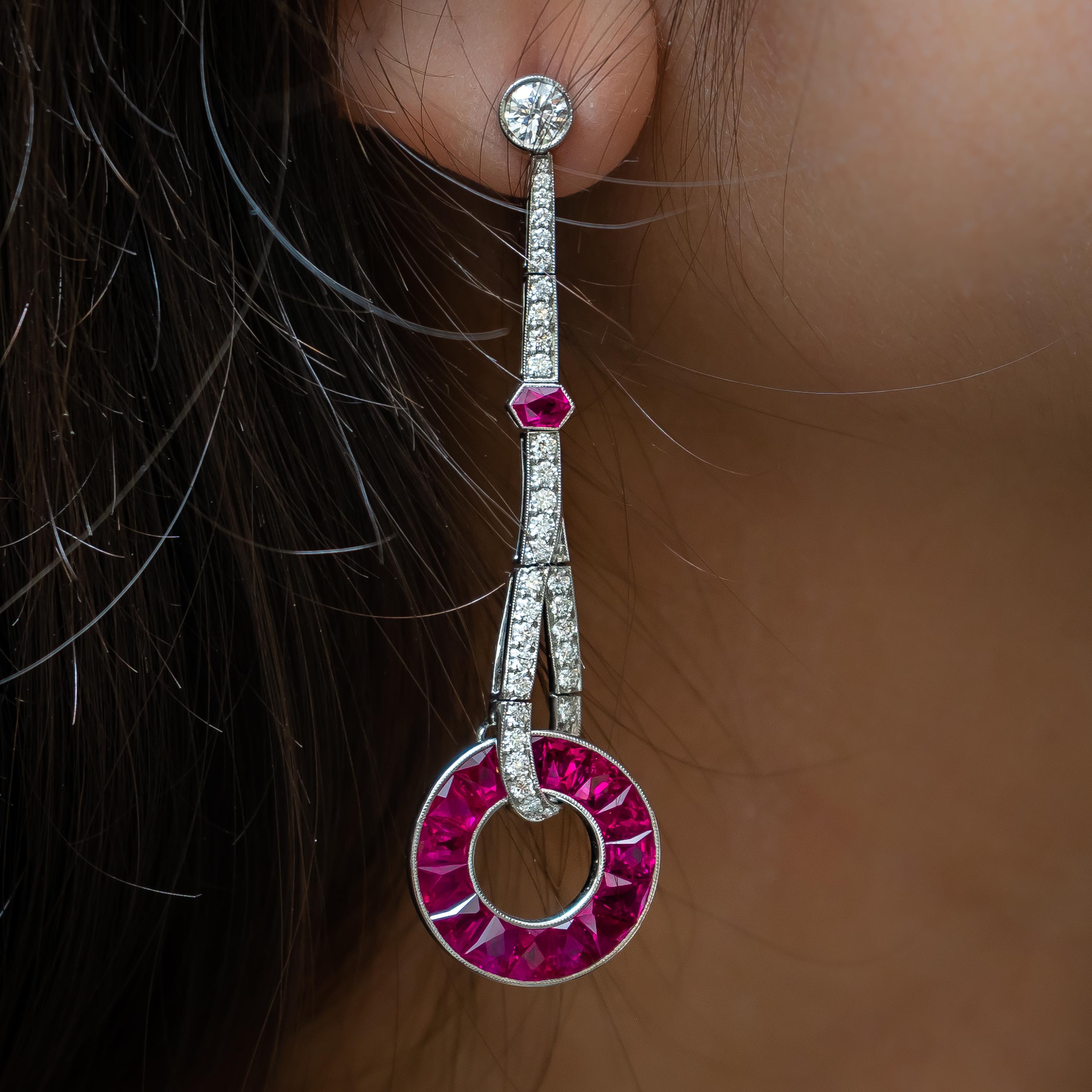 Modern Ruby and Diamond Platinum Drop Earrings For Sale