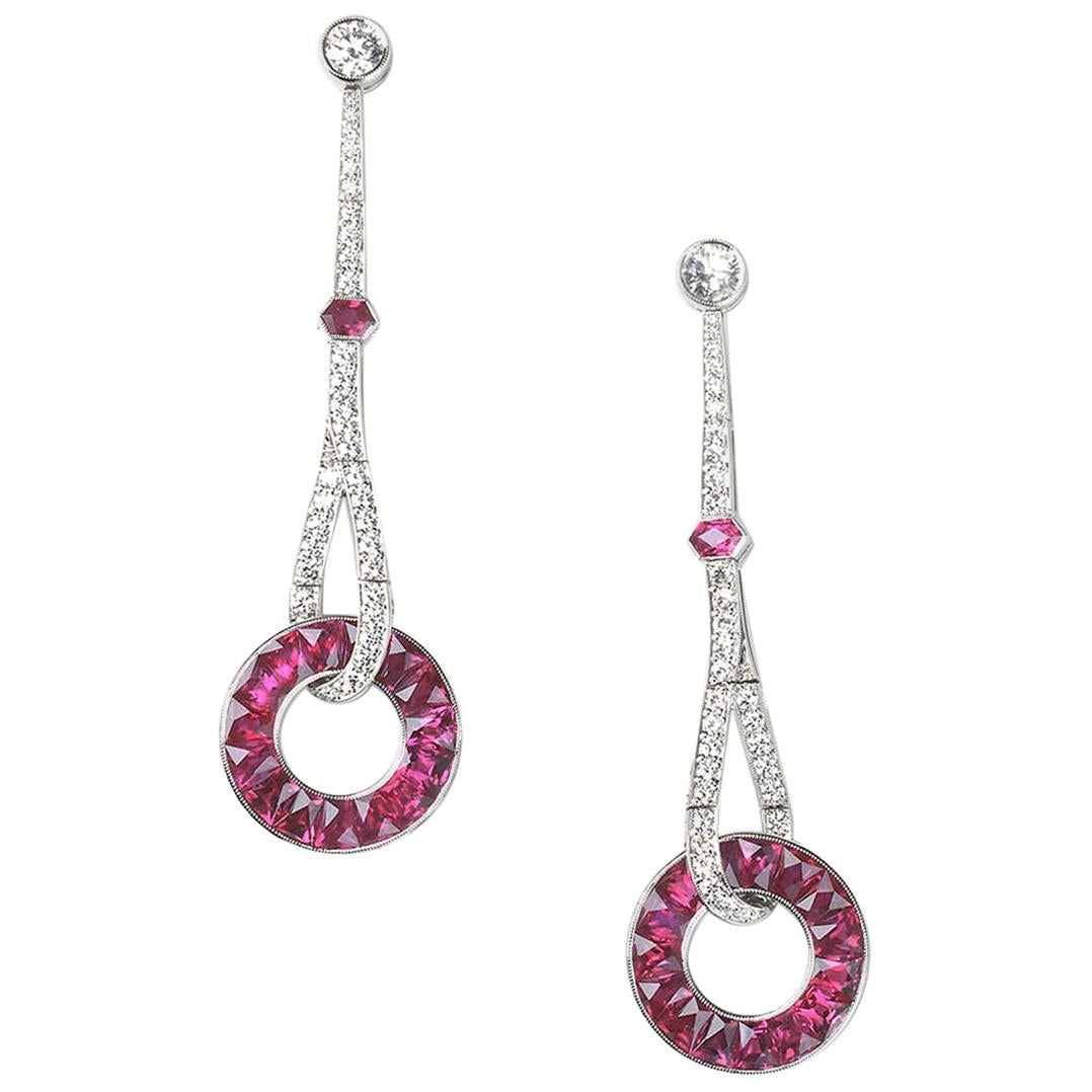 Ruby and Diamond Platinum Drop Earrings For Sale