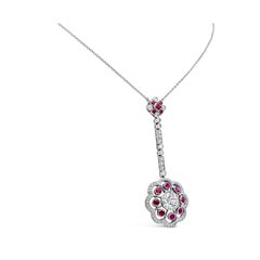 Vintage 3.39 Carats Total Ruby & Diamond Floral Motif Drop Necklace in Platinum