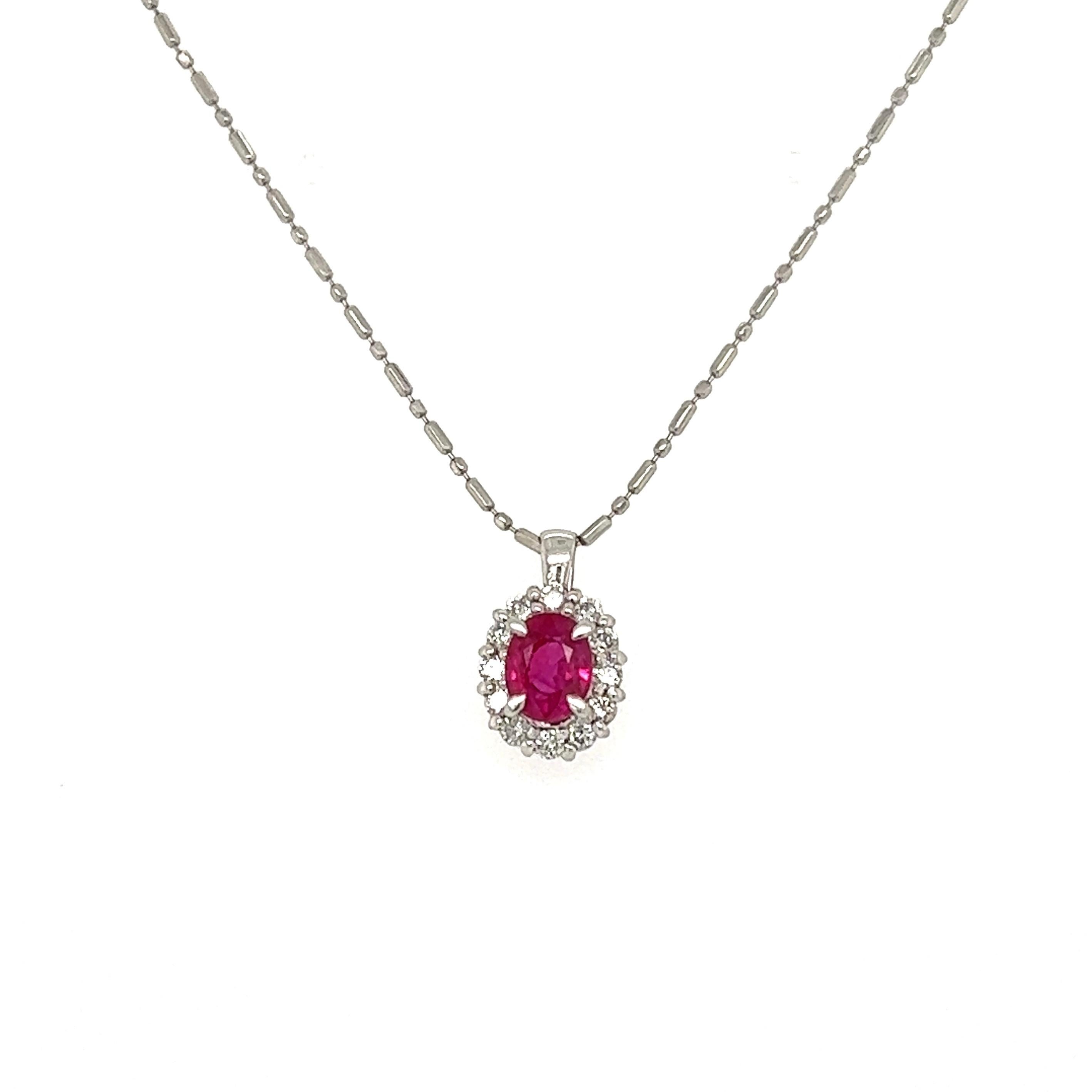 Modern Ruby and Diamond Platinum Link Chain Pendant Necklace For Sale