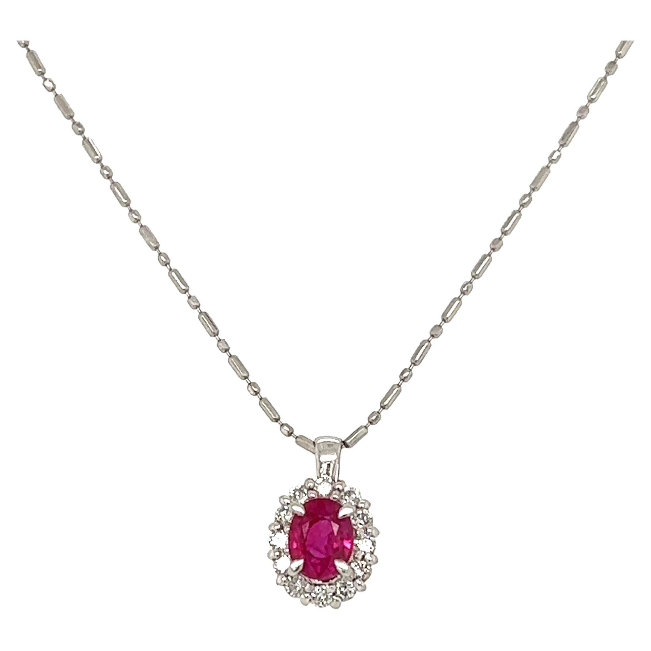 Ruby and Diamond Platinum Link Chain Pendant Necklace For Sale