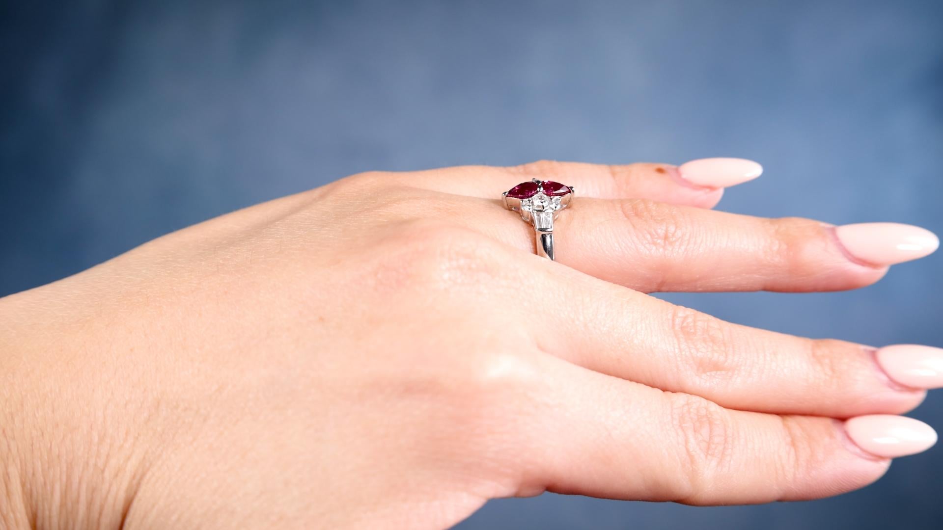 Pear Cut Ruby and Diamond Platinum Ring For Sale