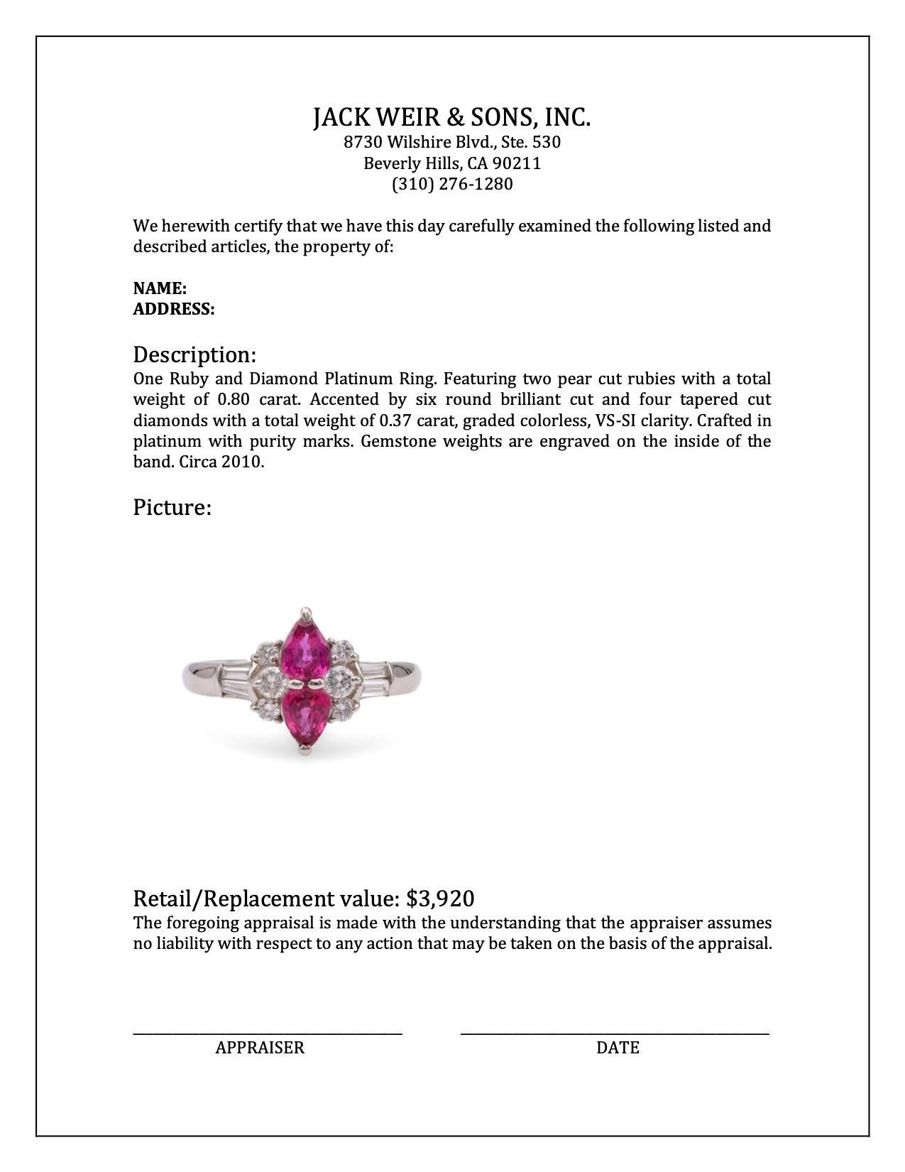Women's or Men's Ruby and Diamond Platinum Ring For Sale