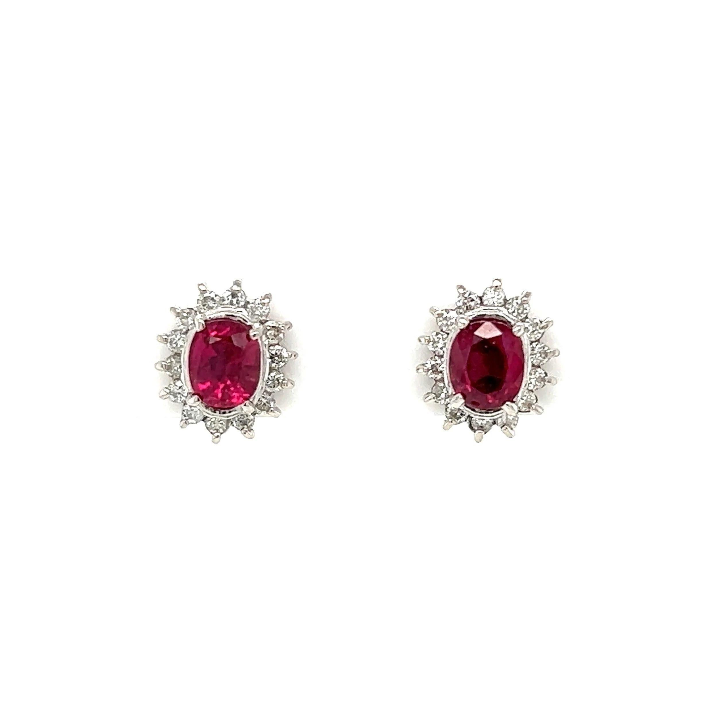 Ruby and Diamond Platinum Vintage Halo Earrings Estate Fine Jewelry For Sale 1