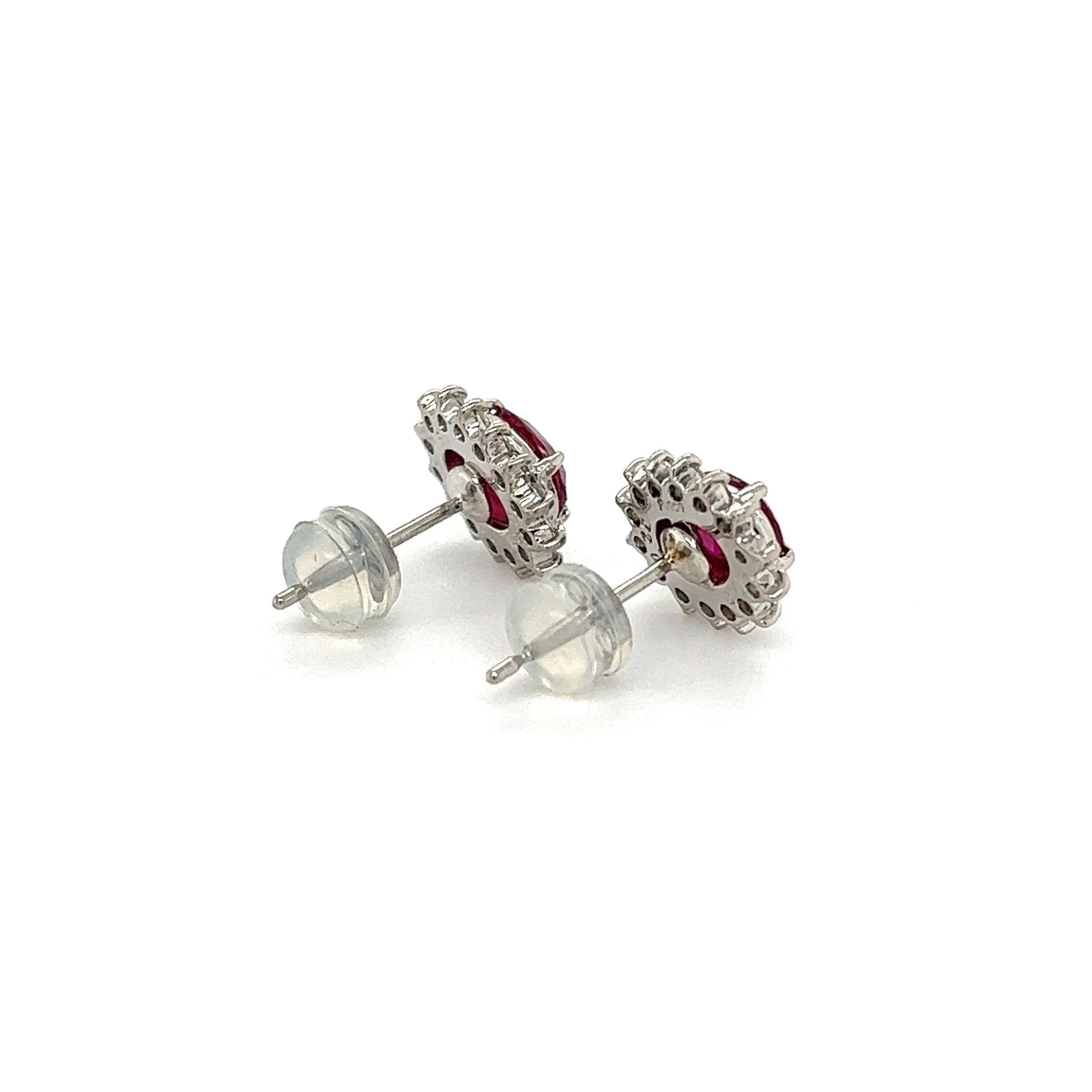 Women's Ruby and Diamond Platinum Vintage Halo Earrings Estate Fine Jewelry For Sale