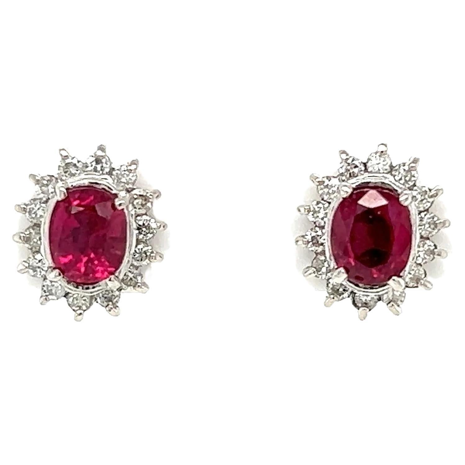 Ruby and Diamond Platinum Vintage Halo Earrings Estate Fine Jewelry For Sale
