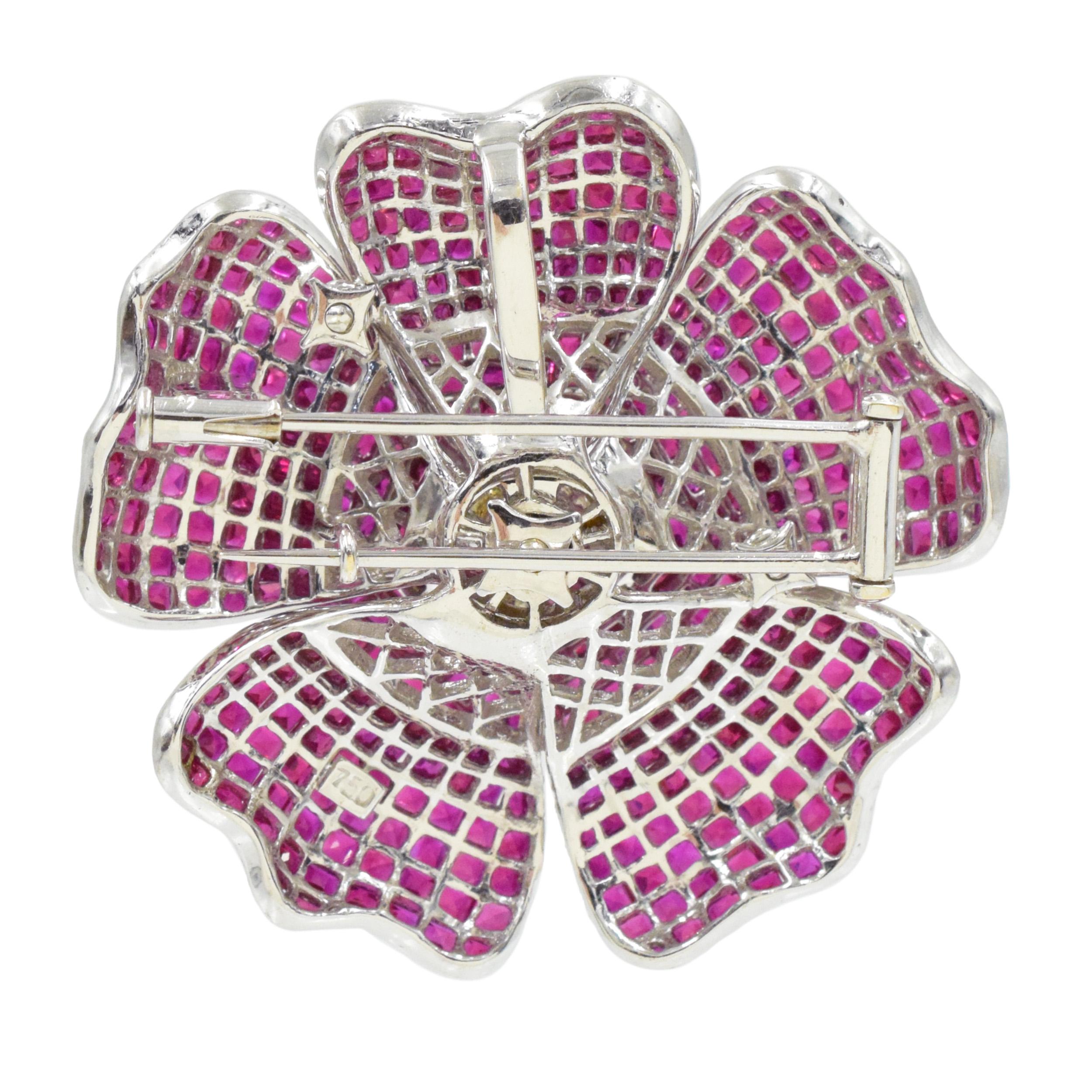 Artist Ruby and diamond Poppy Flower Brooch / Pendant in 18k