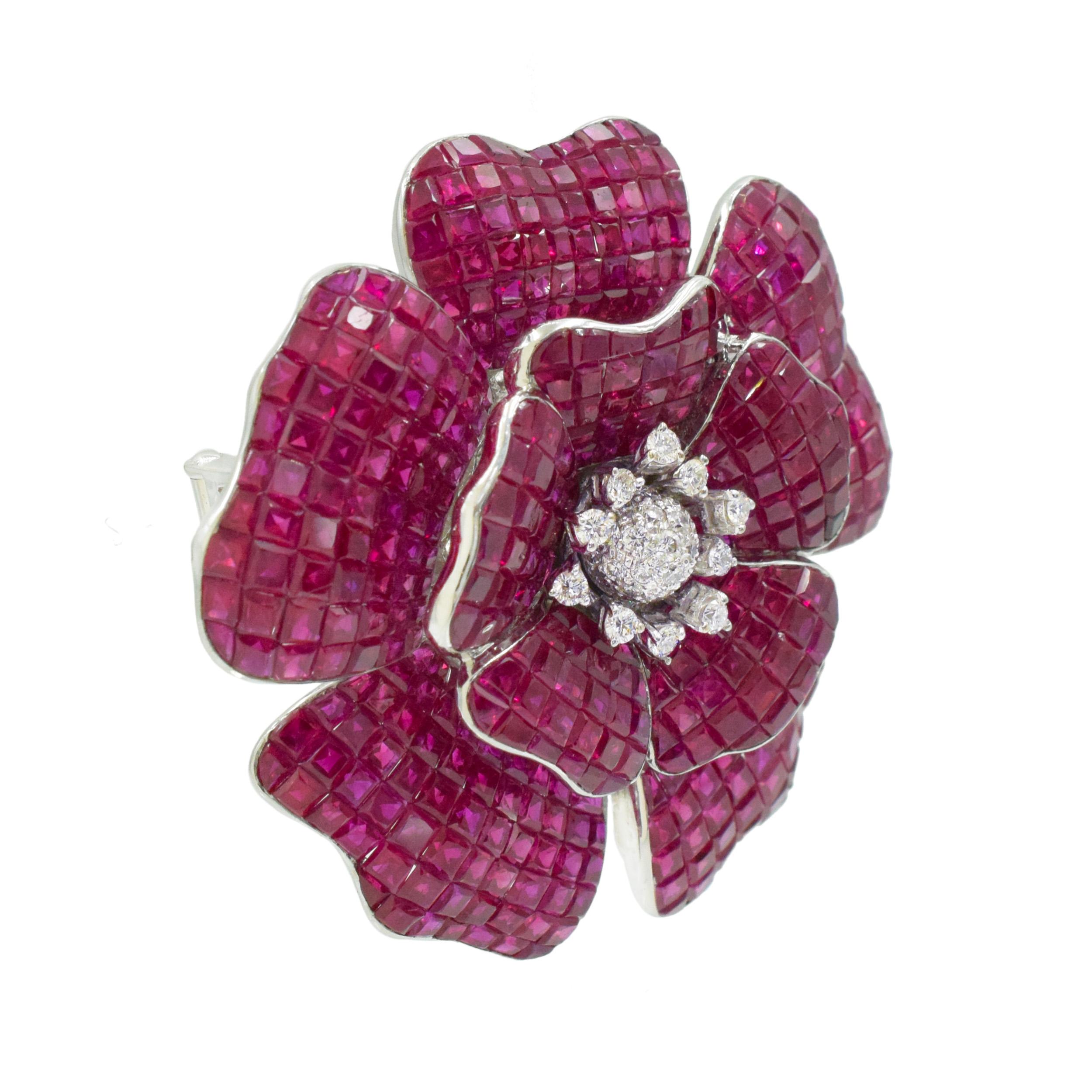 Square Cut Ruby and Diamond Poppy Flower Brooch / Pendant in 18k For Sale
