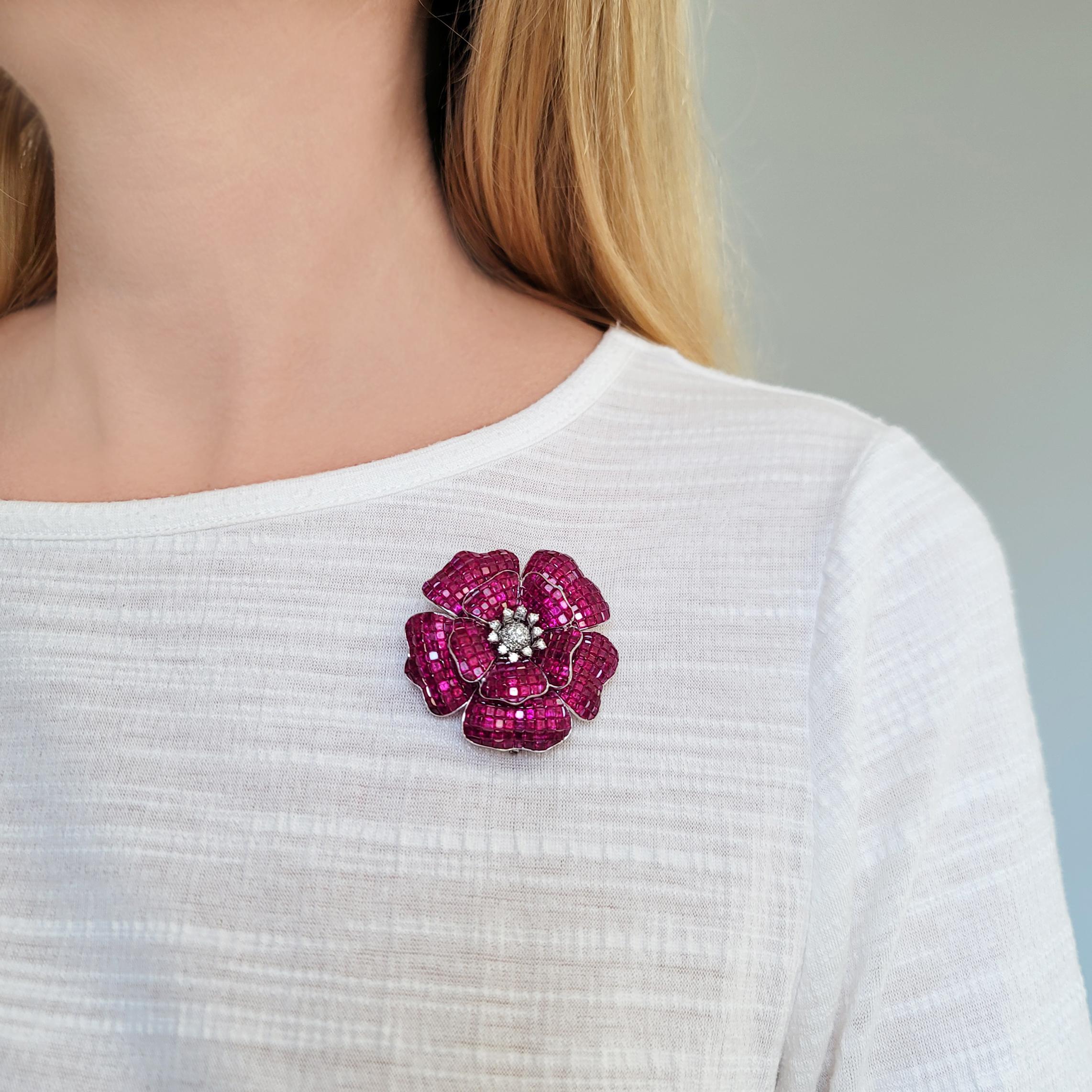 Ruby and diamond Poppy Flower Brooch / Pendant in 18k In Excellent Condition In New York, NY
