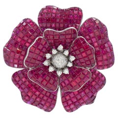 Ruby and diamond Poppy Flower Brooch / Pendant in 18k 