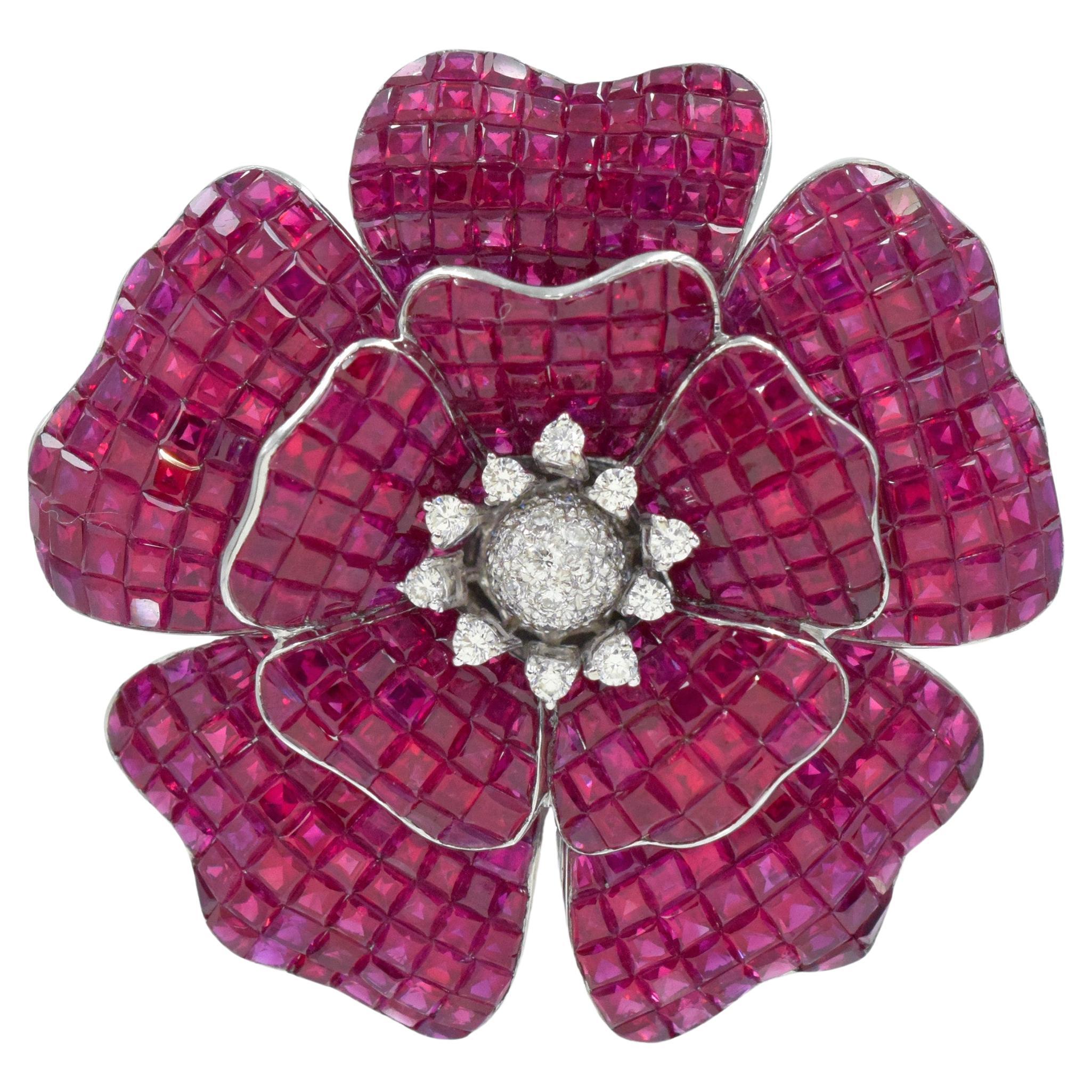 Ruby and Diamond Poppy Flower Brooch / Pendant in 18k