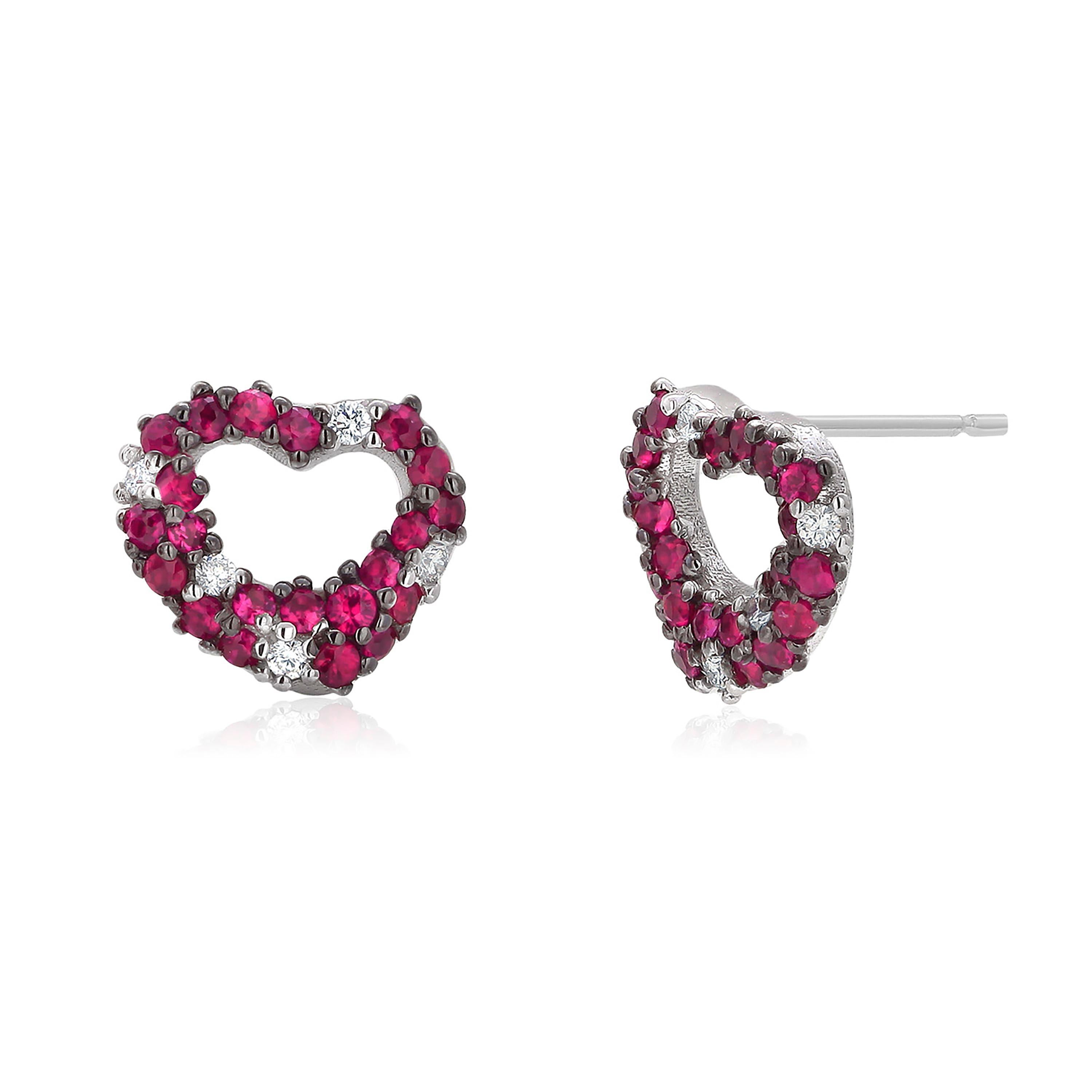 Round Cut Ruby and Diamond 1.25 Carat Open Puffed Heart White Gold Stud Earrings