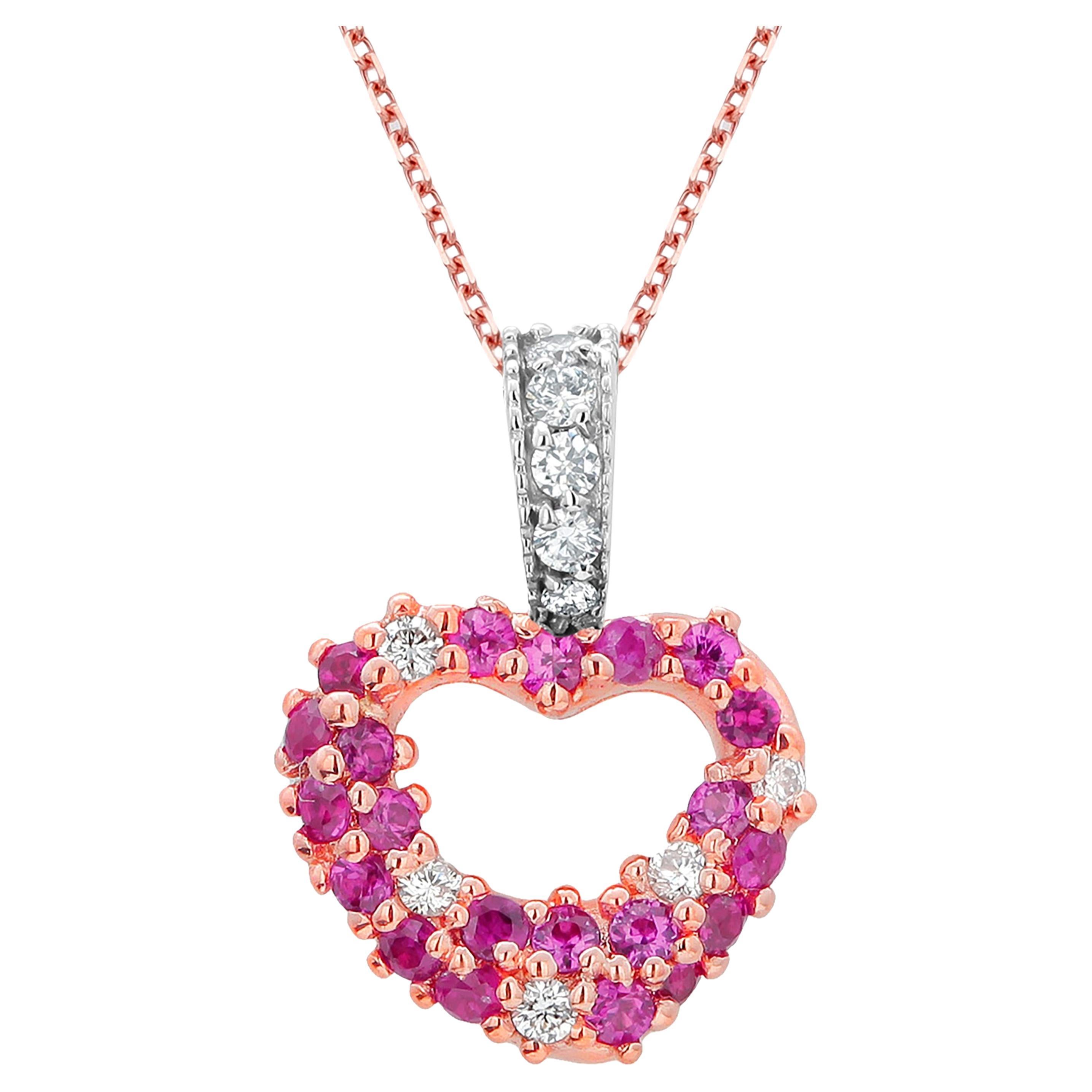 Ruby and Diamond Puffed Heart Shape Rose and White Gold Necklace Pendant