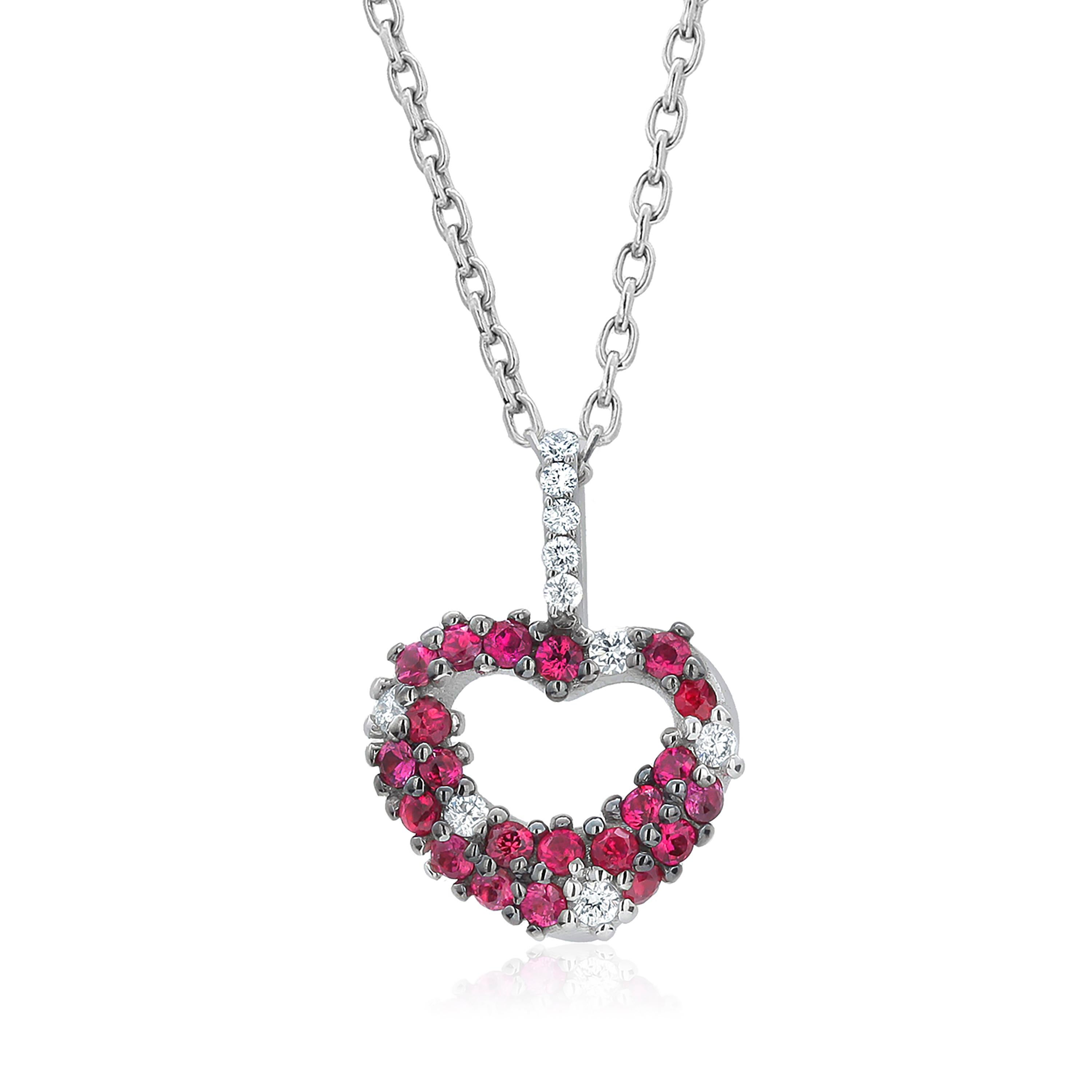 Round Cut Ruby and Diamond Puffed Heart Shaped Pendant White Gold Necklace 