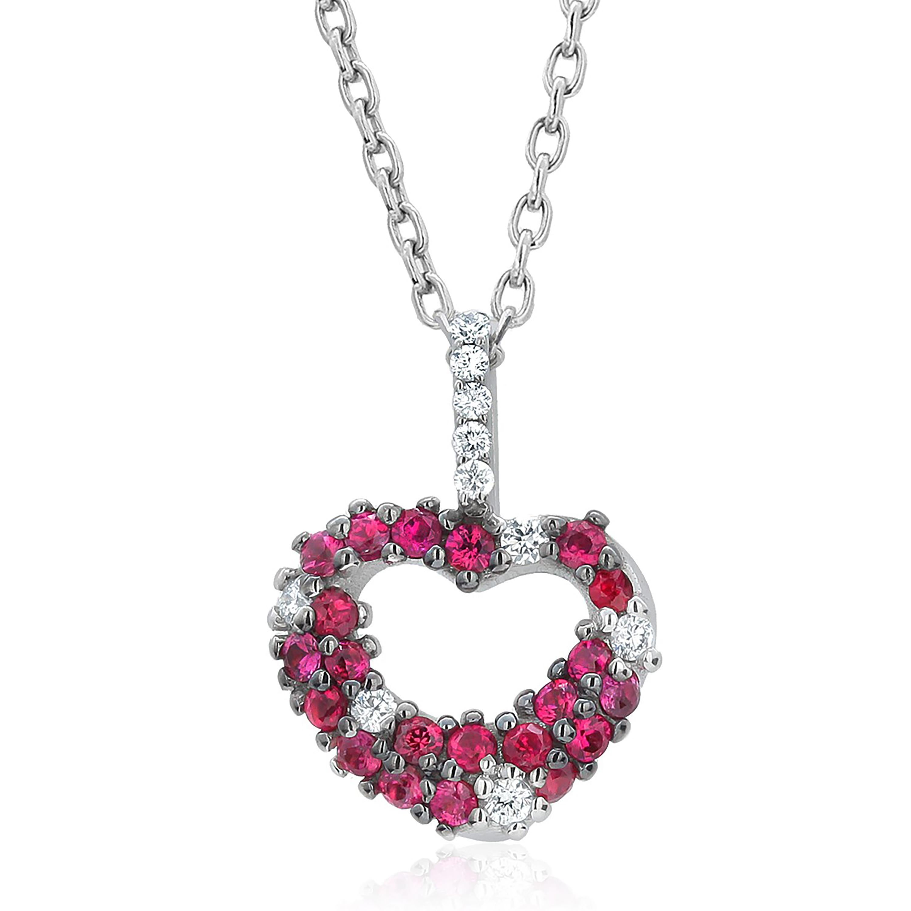 Women's or Men's Ruby and Diamond Puffed Heart Shaped Pendant White Gold Necklace 