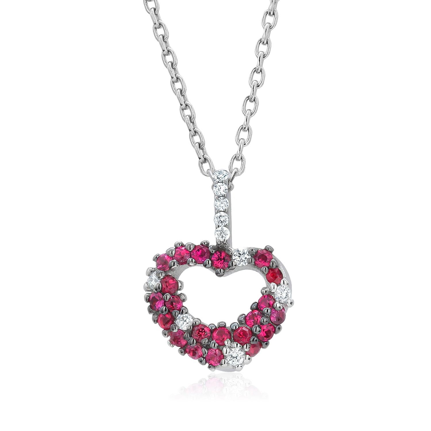 Ruby and Diamond Puffed Heart Shaped Pendant White Gold Necklace  1