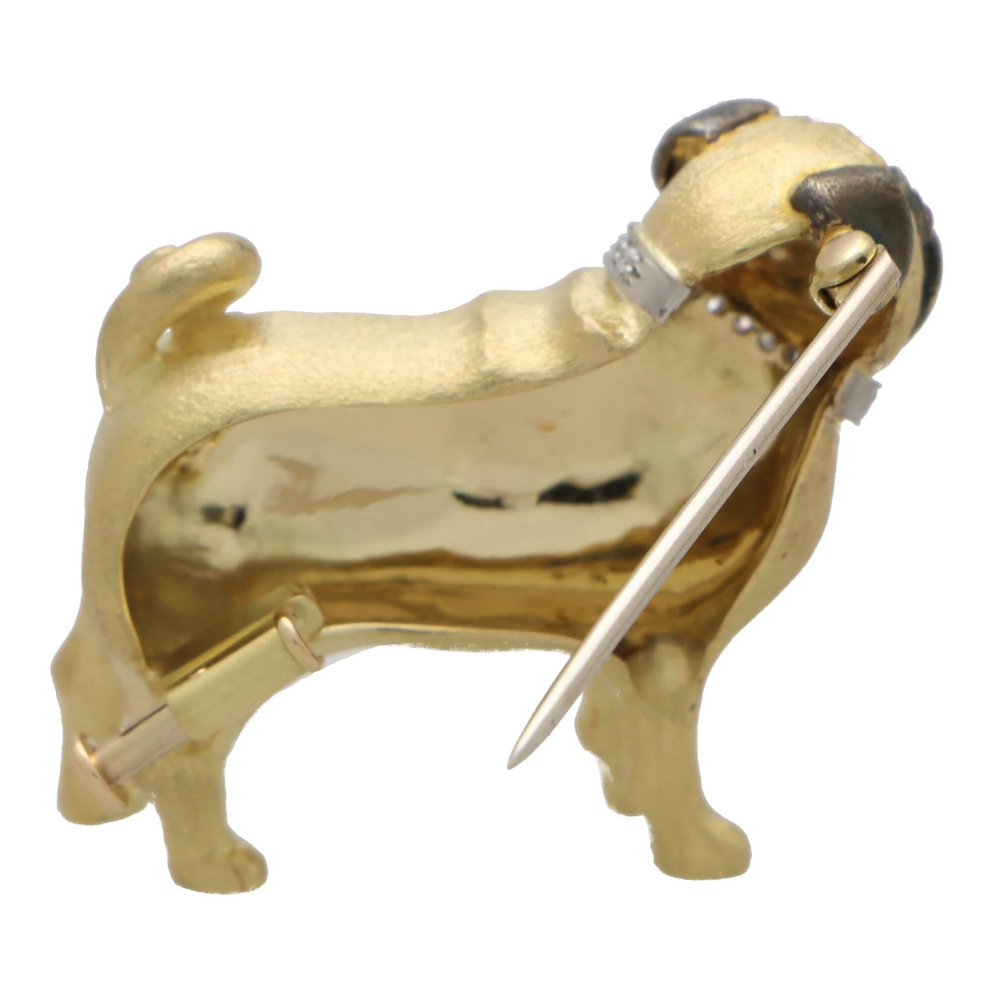 Modern Ruby and Diamond Pug Pin Brooch Set in 18k Yellow Gold