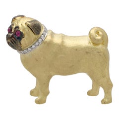 Ruby and Diamond Pug Pin Brooch Set in 18k Yellow Gold