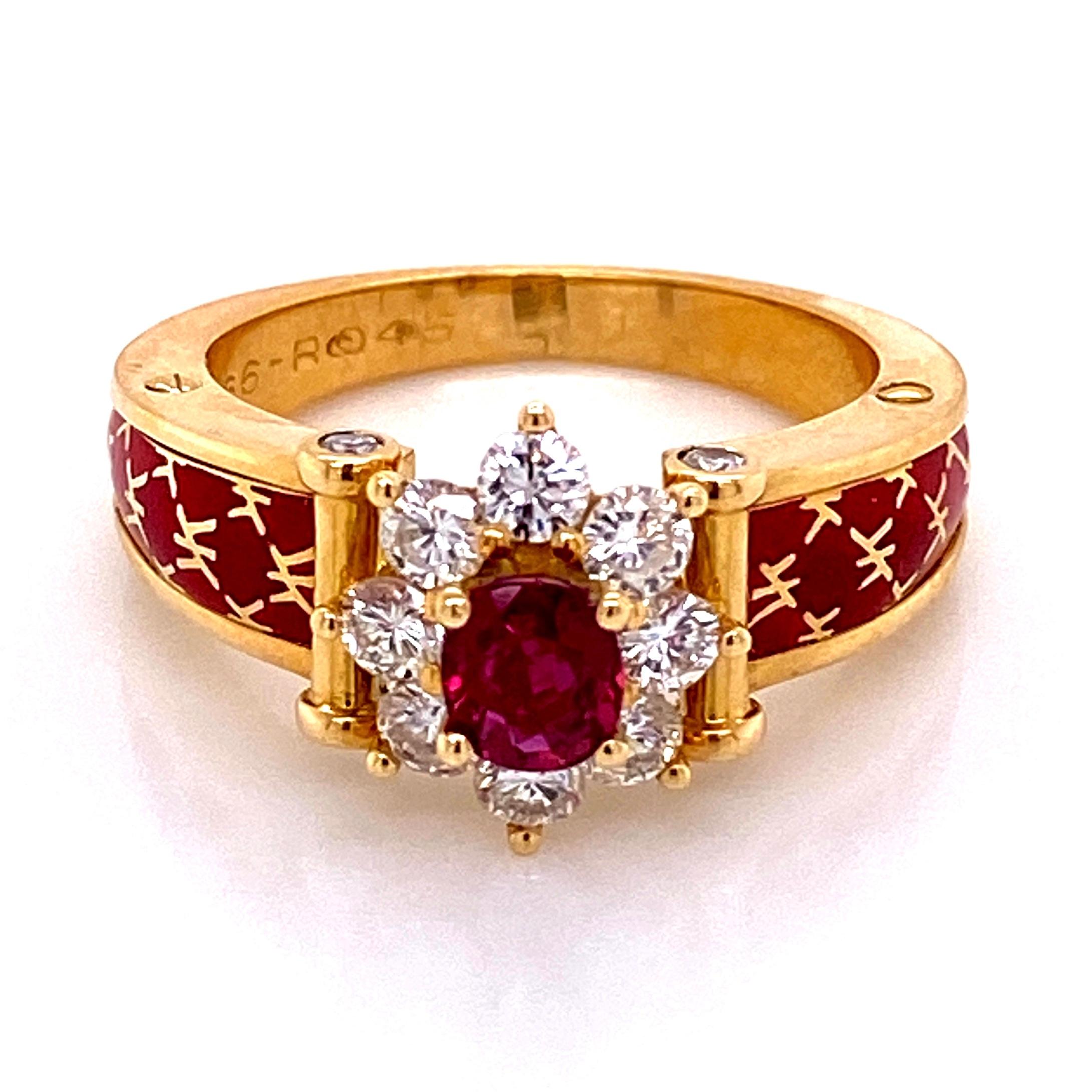 Modernist Vintage Ruby and Diamond Red Enamel Gold Ring France Fine Estate Jewelry