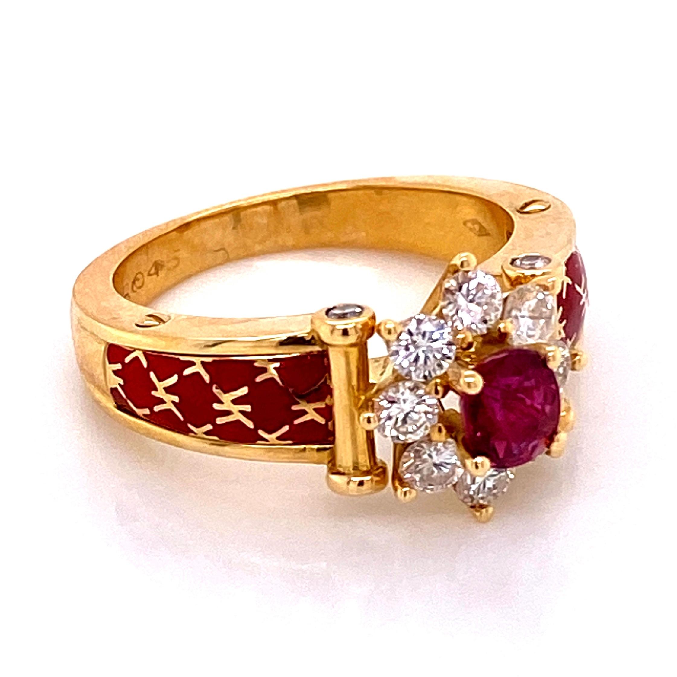 Simply Beautiful! Stylish and finely detailed French Red Enamel ring. Centering set a securely nestled Ruby, weighing approx. 0.45 Carat, surrounded by Diamonds, weighing approx. 0.66 Carats and enhanced by Red enamel continuing down the sides of