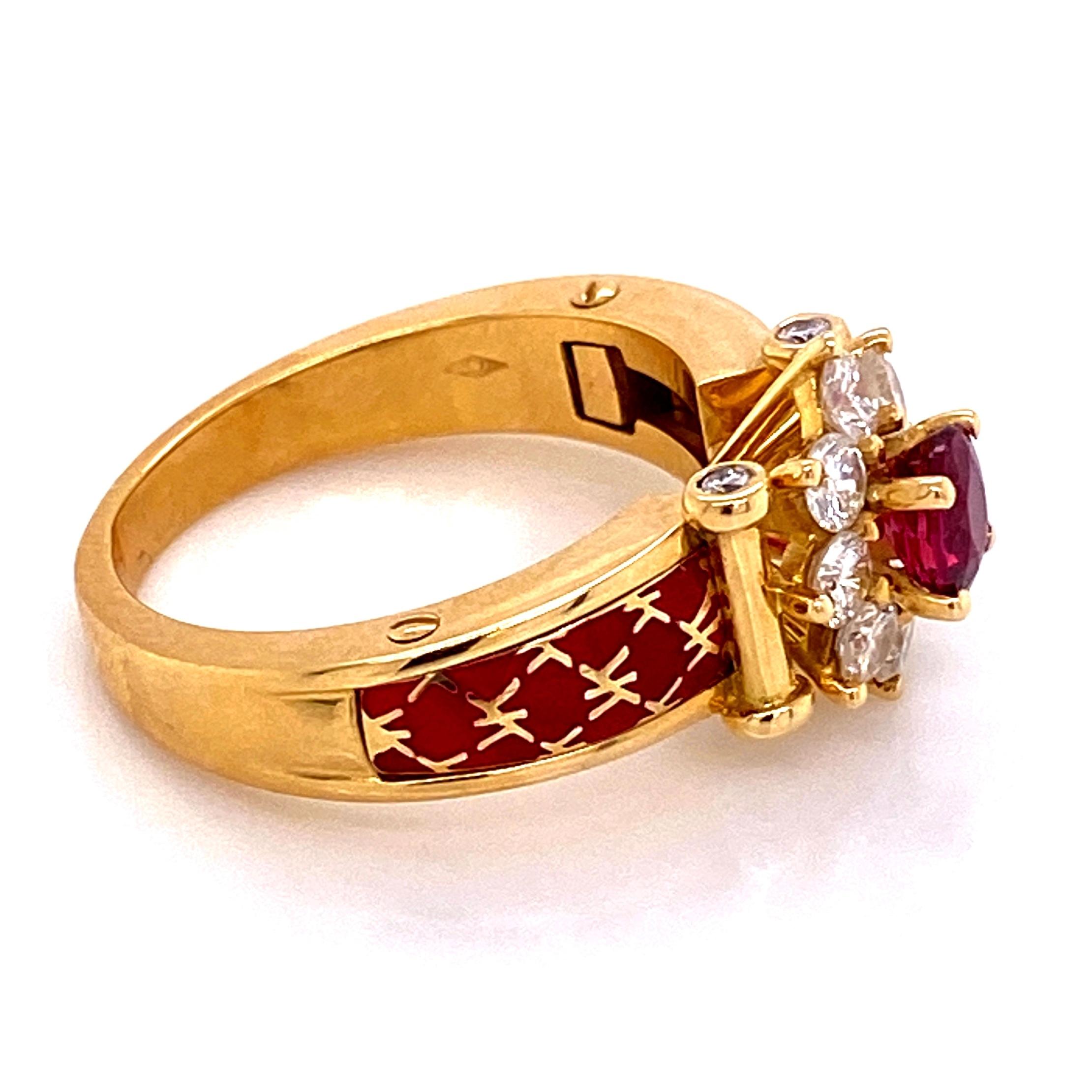 Vintage Ruby and Diamond Red Enamel Gold Ring France Fine Estate Jewelry In Excellent Condition In Montreal, QC