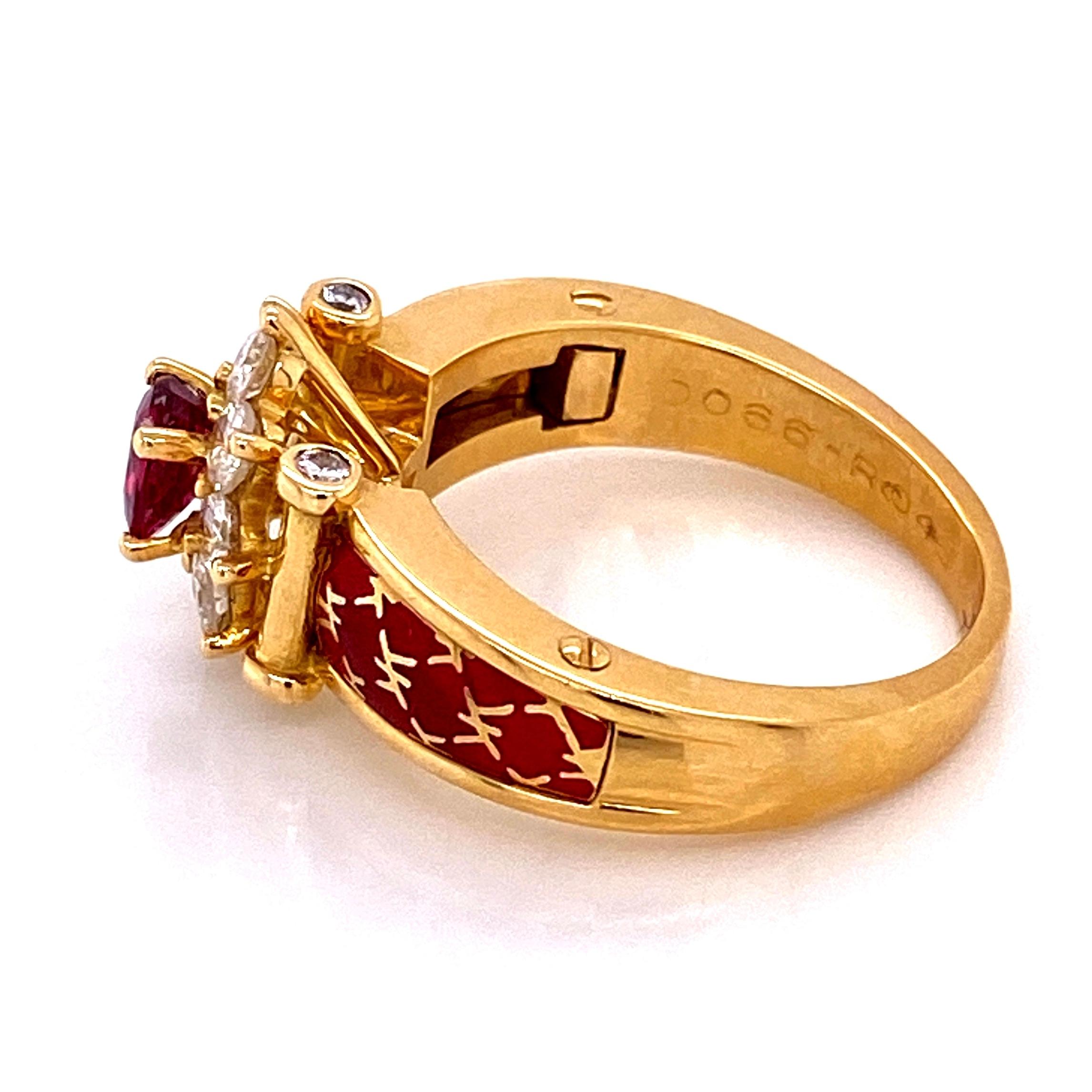 Vintage Ruby and Diamond Red Enamel Gold Ring France Fine Estate Jewelry 1
