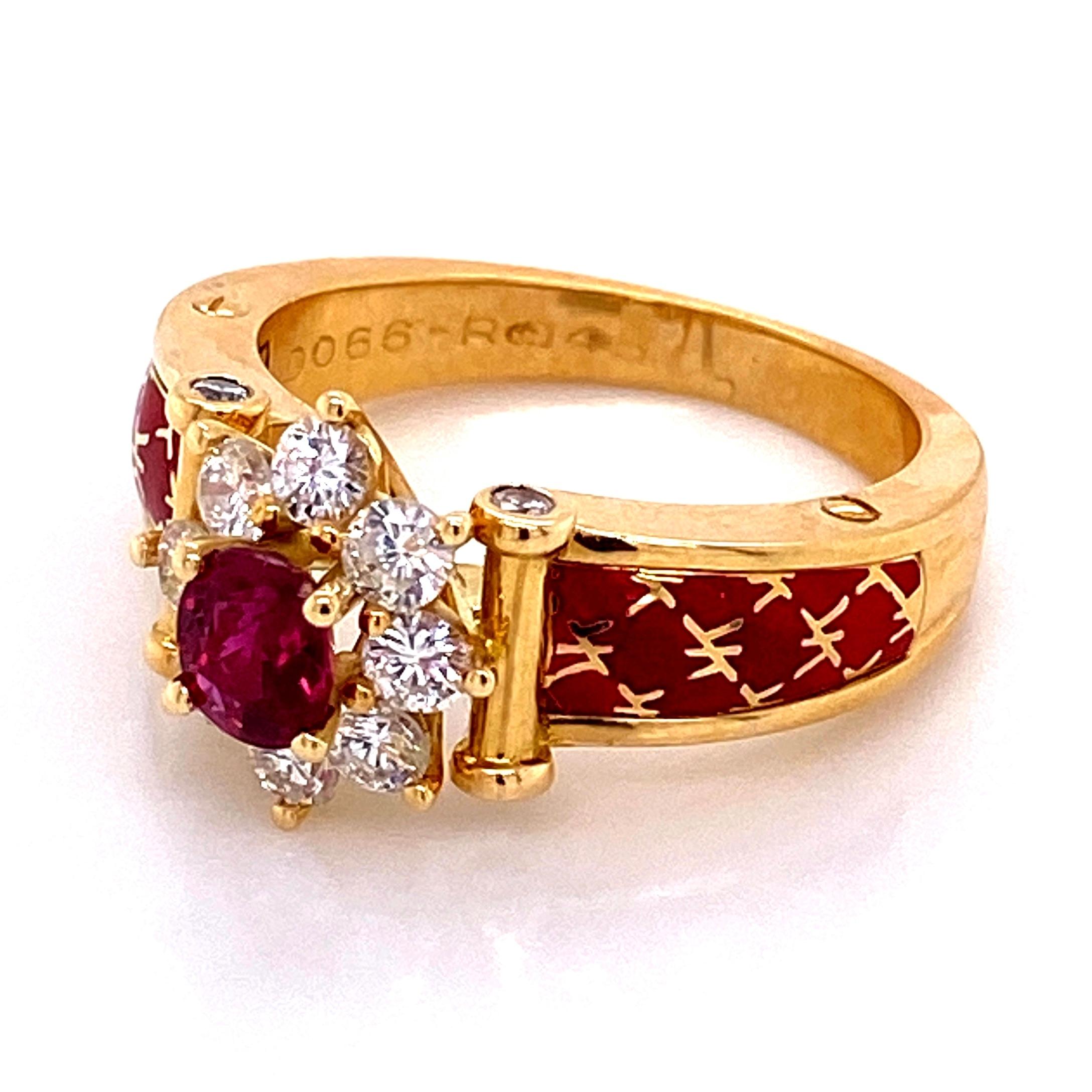Vintage Ruby and Diamond Red Enamel Gold Ring France Fine Estate Jewelry 2