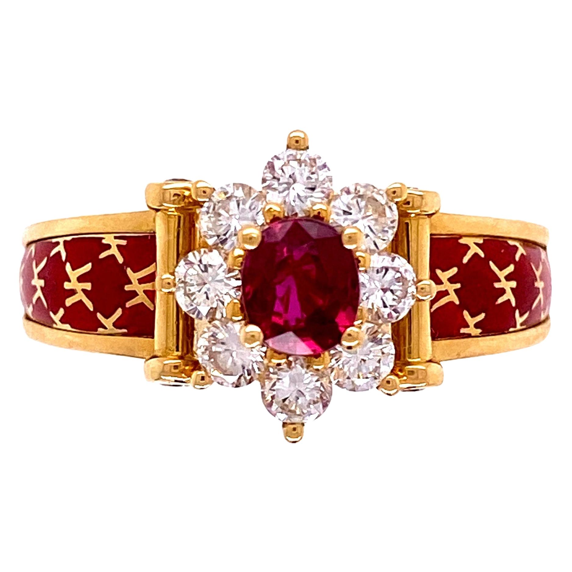Vintage Ruby and Diamond Red Enamel Gold Ring France Fine Estate Jewelry