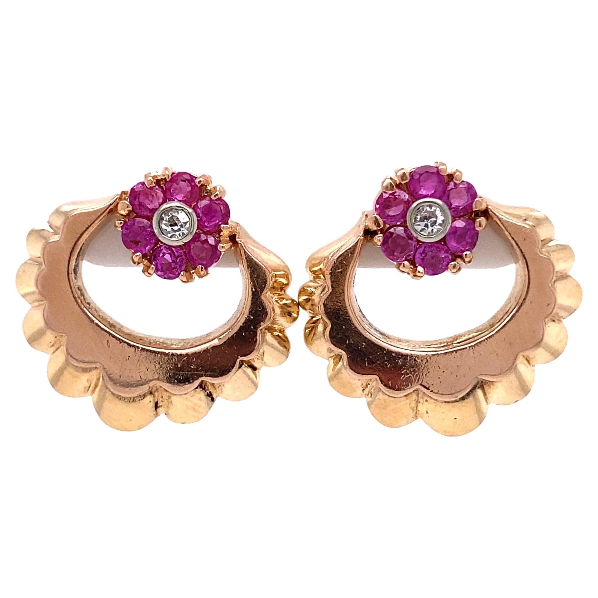 Boucles d'oreilles rétro en forme d'éventail en or bicolore avec rubis et diamants