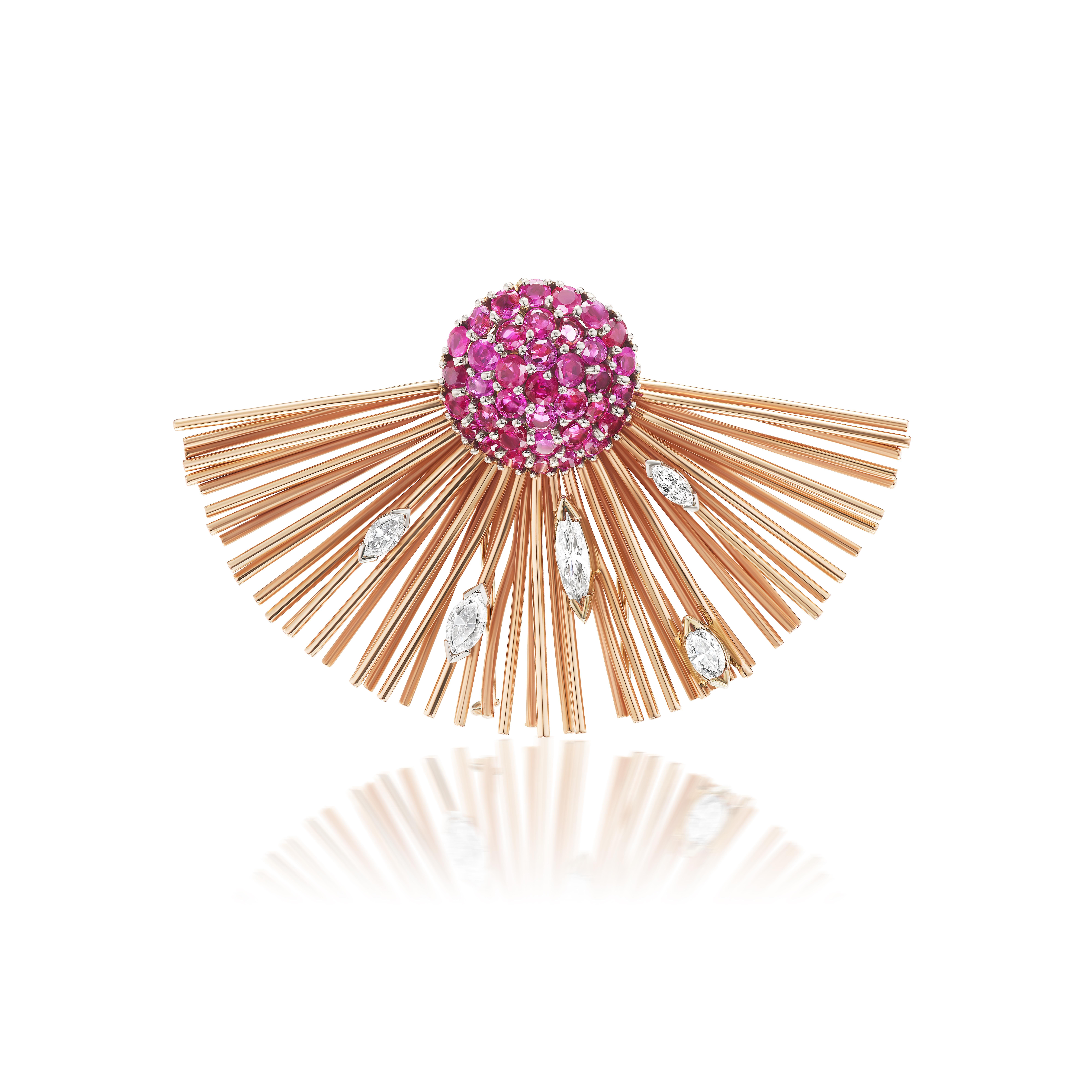 Round Cut Ruby and Diamond Retro Gold Spray Brooch For Sale