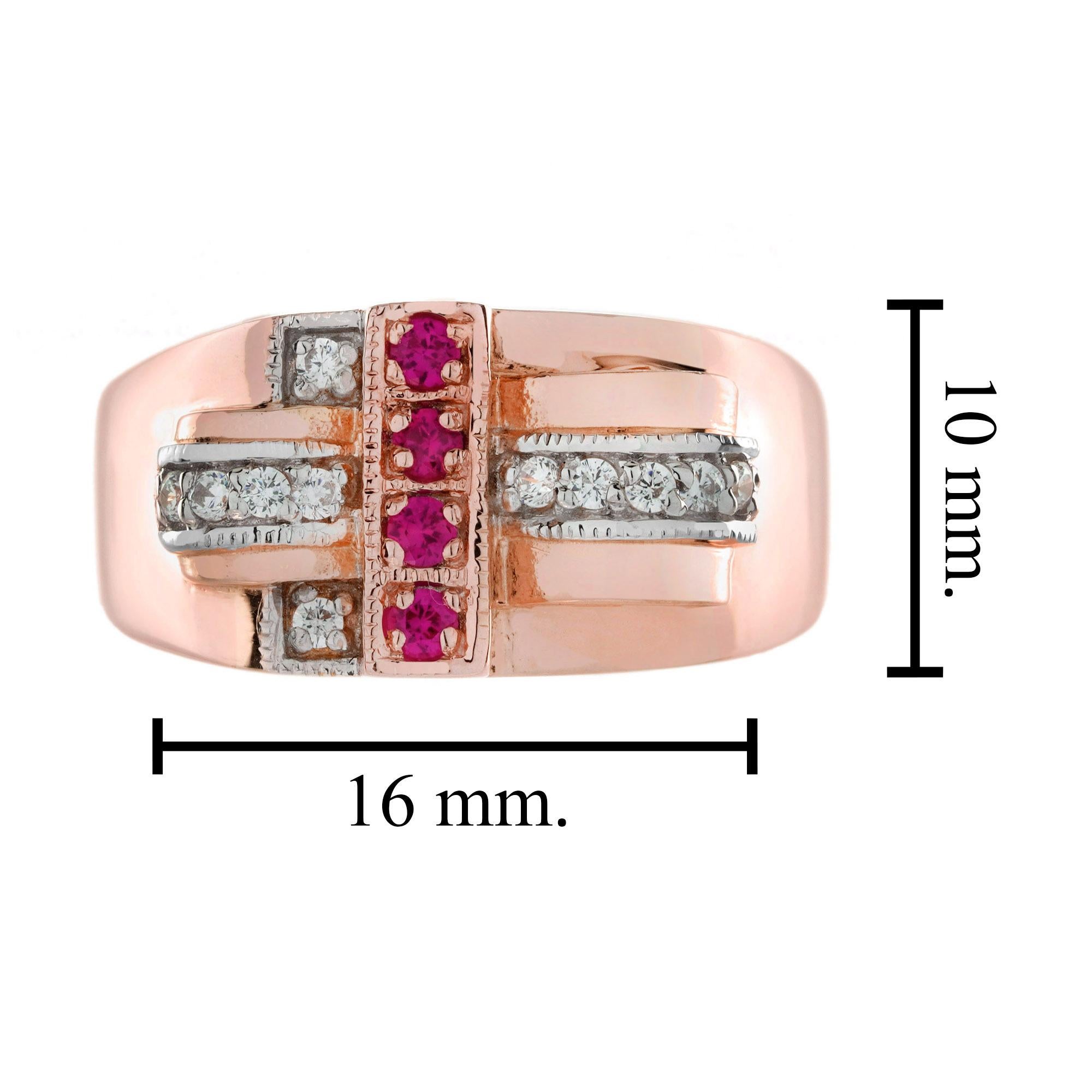 Bague cocktail rétro en or rose 14 carats avec rubis et diamants en vente 4